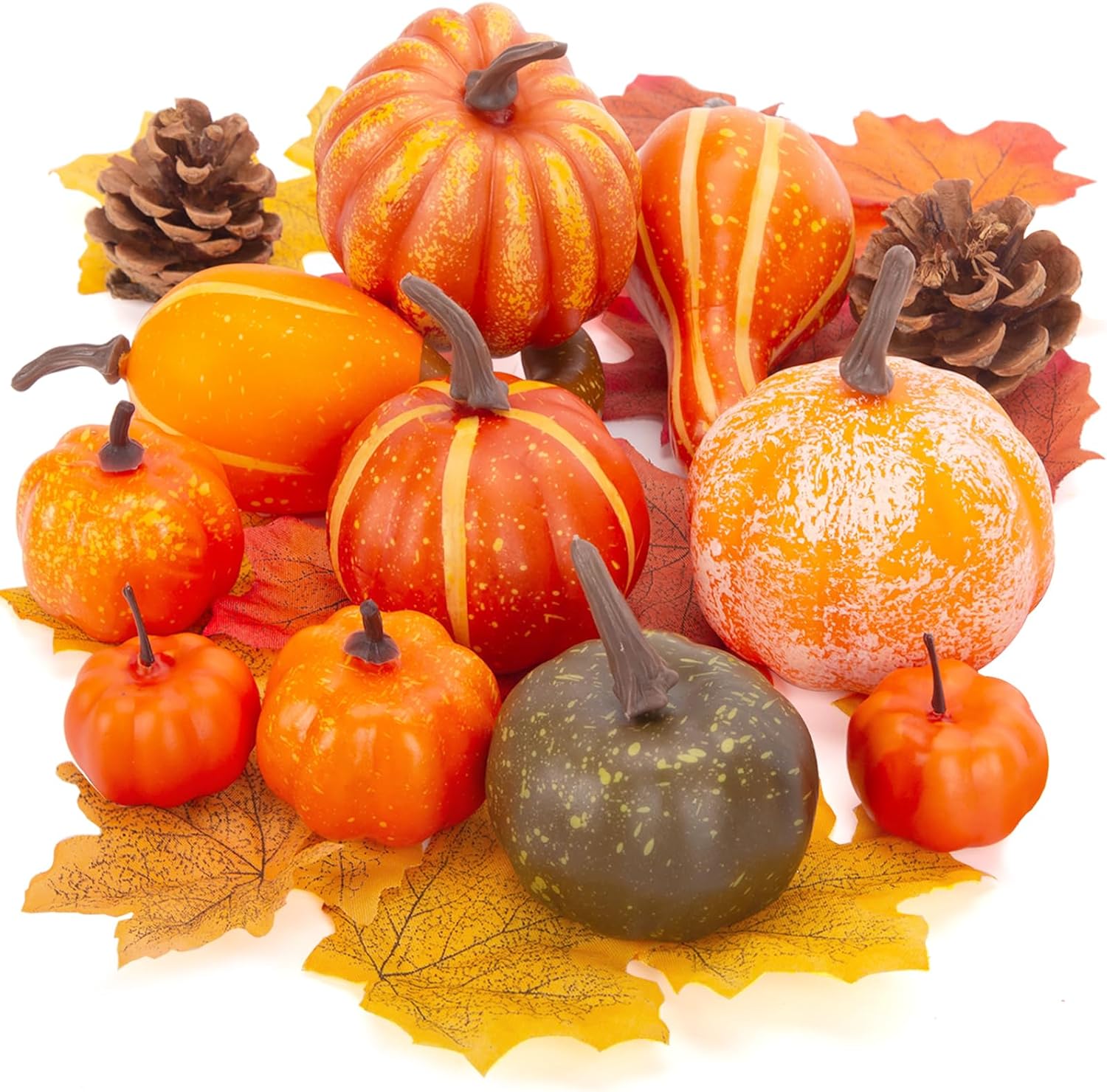 BigOtters Thanksgiving Artificial Pumpkins, 42PCS Fake Pumpkin Kit Including 10PCS Faux Pumpkins with 2PCS Pine Cone and 30PCS Maple Leaves for Fall Garland Thanksgiving Table Wedding Decor