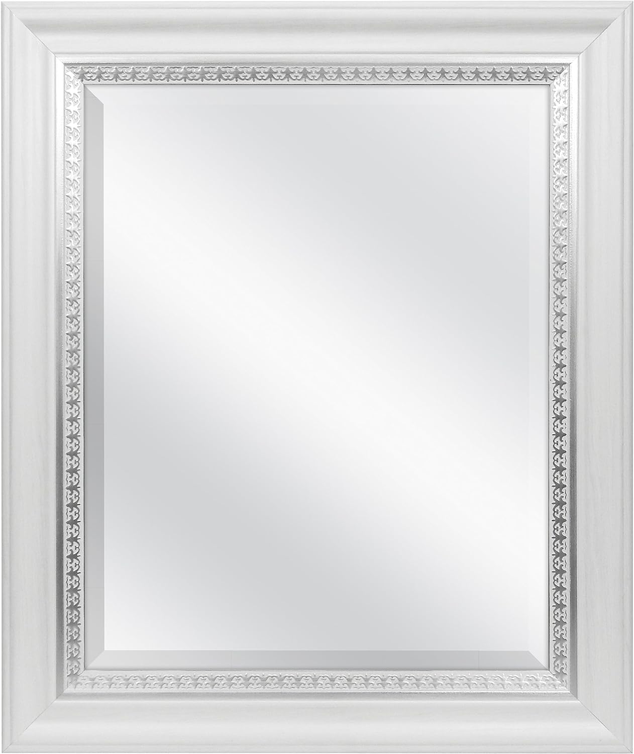 MCS 16 x 20 Beveled Inch Embossed Accent Wall Mirror, 21x25 Inch Overall Size, 21 x 25 Inch, White Wood Grain with Silver Trim Finish