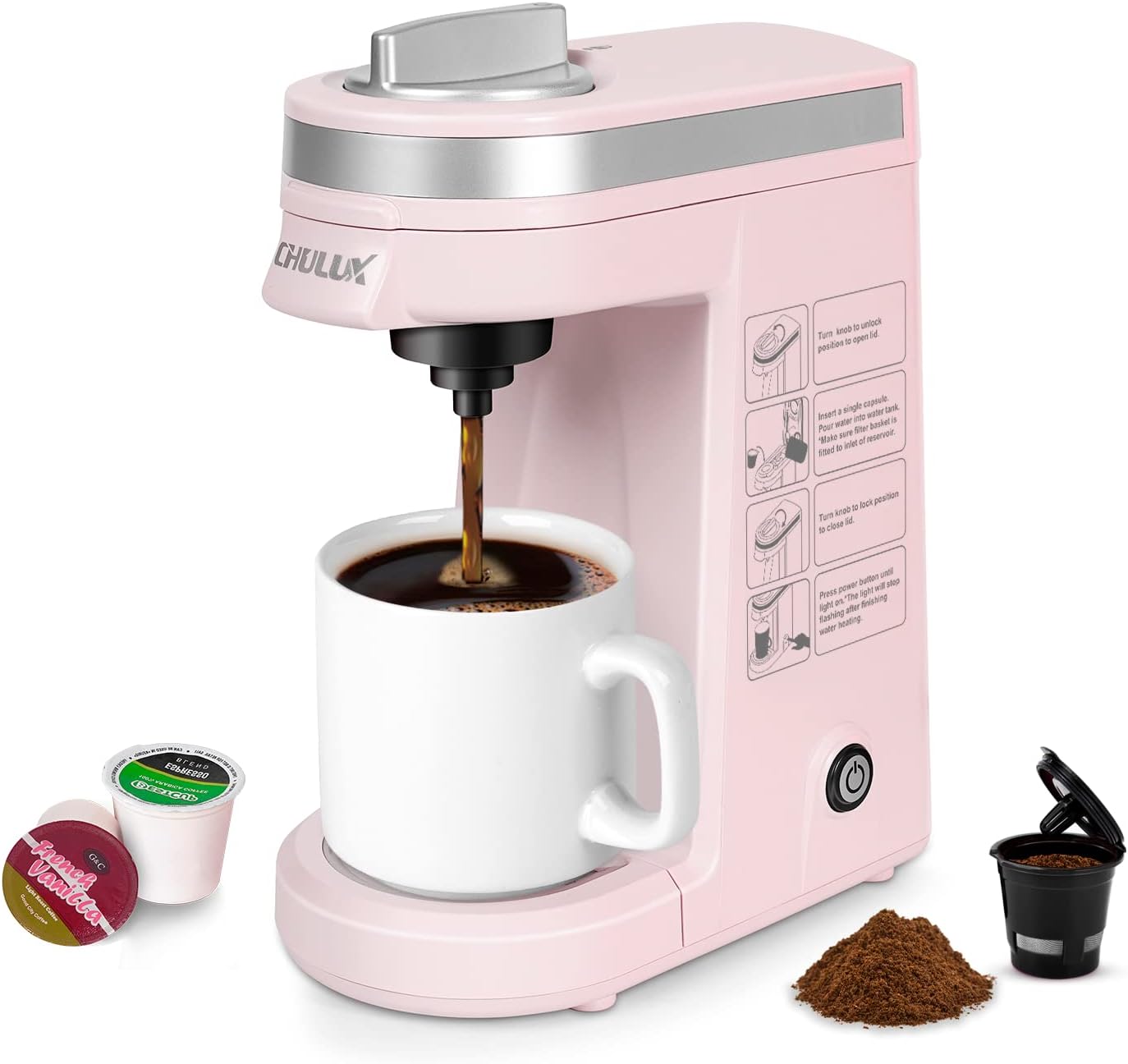 CHULUX Single Serve Coffee Maker,One Button Operation with Auto Shut-Off for Coffee and Tea with 5 to 12 Ounce,Pink