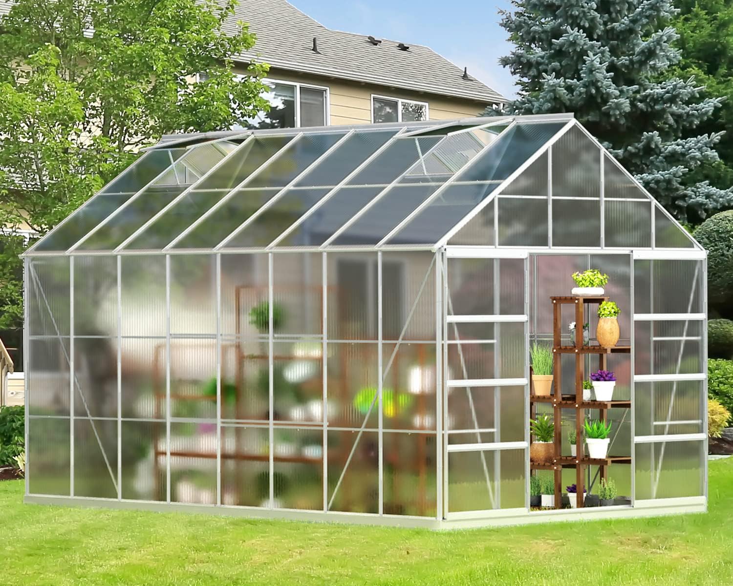 MELLCOM 16' x 10' x 10.3' Greenhouse for Outdoor, Outside Walk-in Hobby Green House for Plants with Polycarbonate Aluminum Frame, Adjustable Roof Vent and Sliding Door for Backyard Garden in Winter