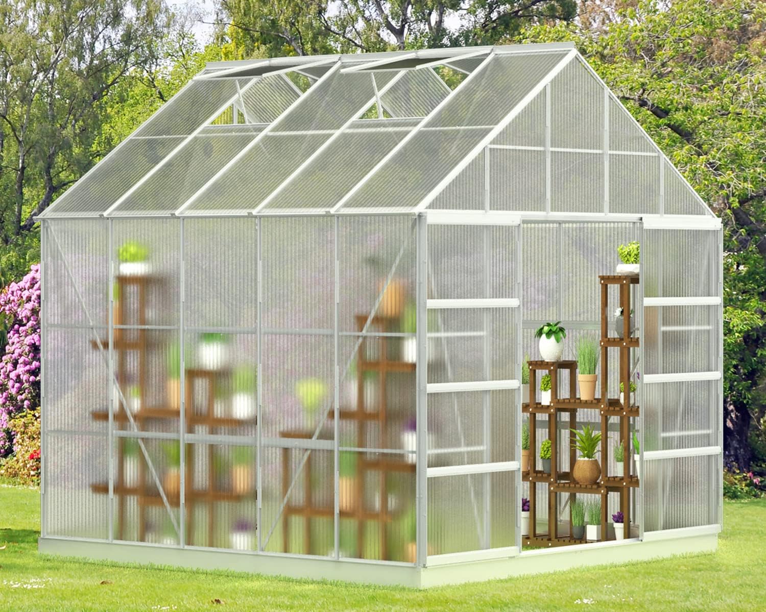 MELLCOM 10' x 10' x 10.3' Outdoor Walk-in Hobby Greenhouse for Plants, Polycarbonate Aluminum Green House with Adjustable Roof Vent and Sliding Door for Backyard Garden in Winter