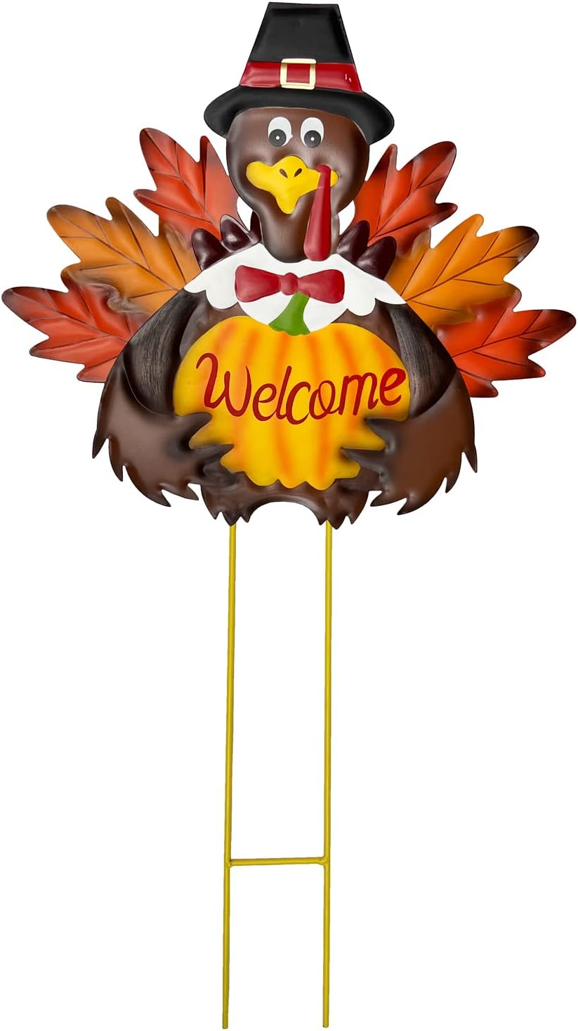 Fall Harvest Thanksgiving Metal Pumpkin Welcome Sign with Turkey Stakes Yard Decorations 28.5''H, Home Garden Patio Lawn Yard Decor Fall Harvest Thanksgiving Outdoor Decorations