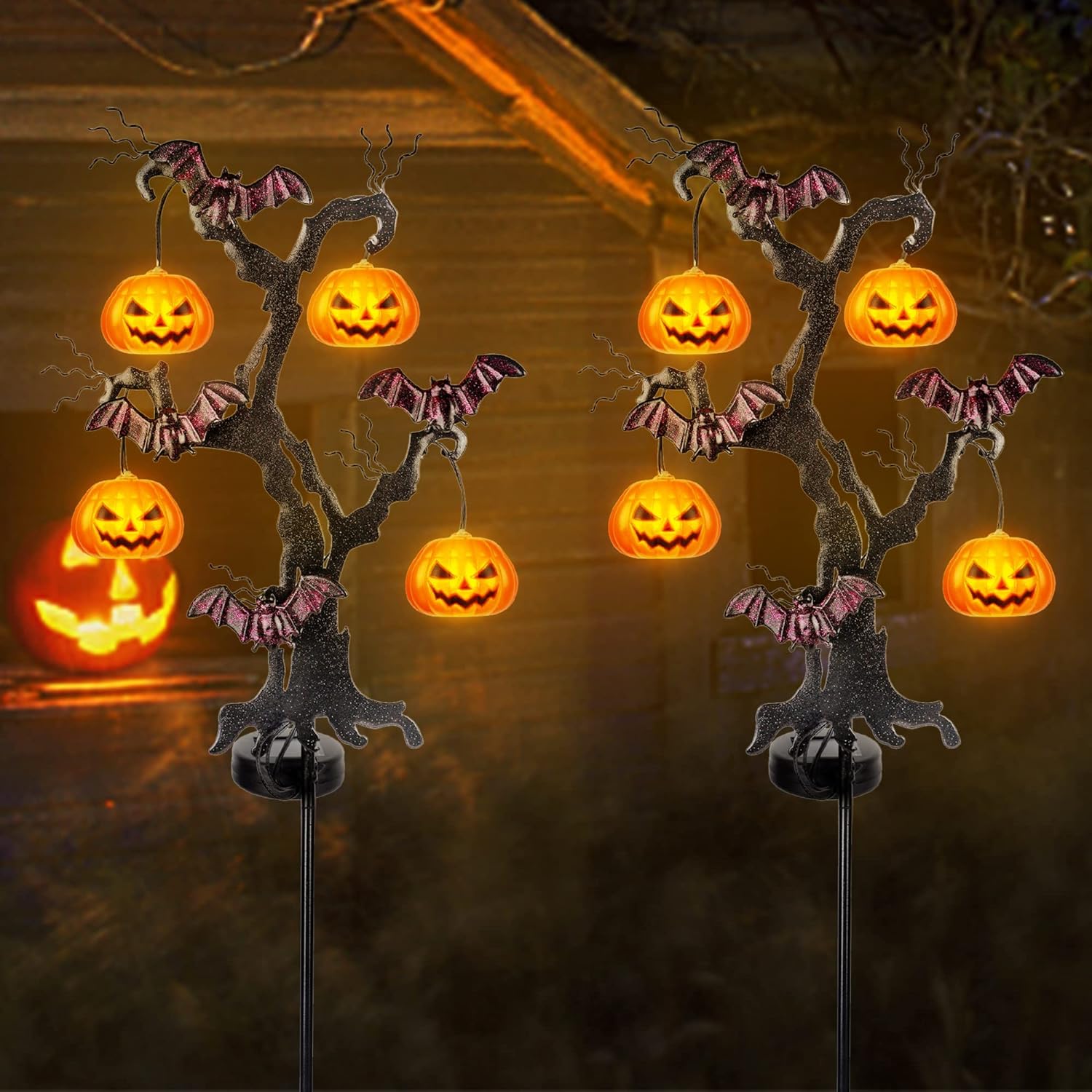 Solar Halloween Yard Decorations, Outdoor LED Solar Powered Pumpkin Tree Halloween Pathway Lights, Metal Garden Stakes Lawn Yard Ornament, Set of 2