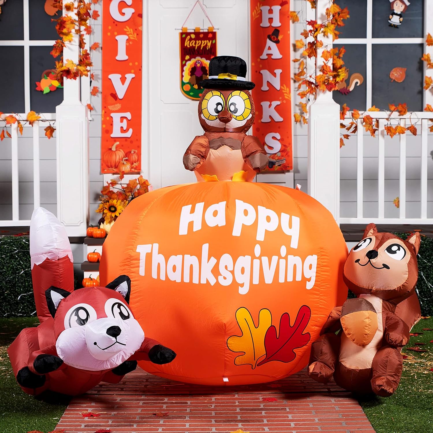 Joiedomi 6 FT Tall Thanksgiving Inflatable Turkey on Pumpkin, Inflatable Racoon and Squirrel with Build-in LEDs Blow Up Inflatables for Thanksgiving Party Outdoor, Yard, Garden, Lawn Fall Decorations