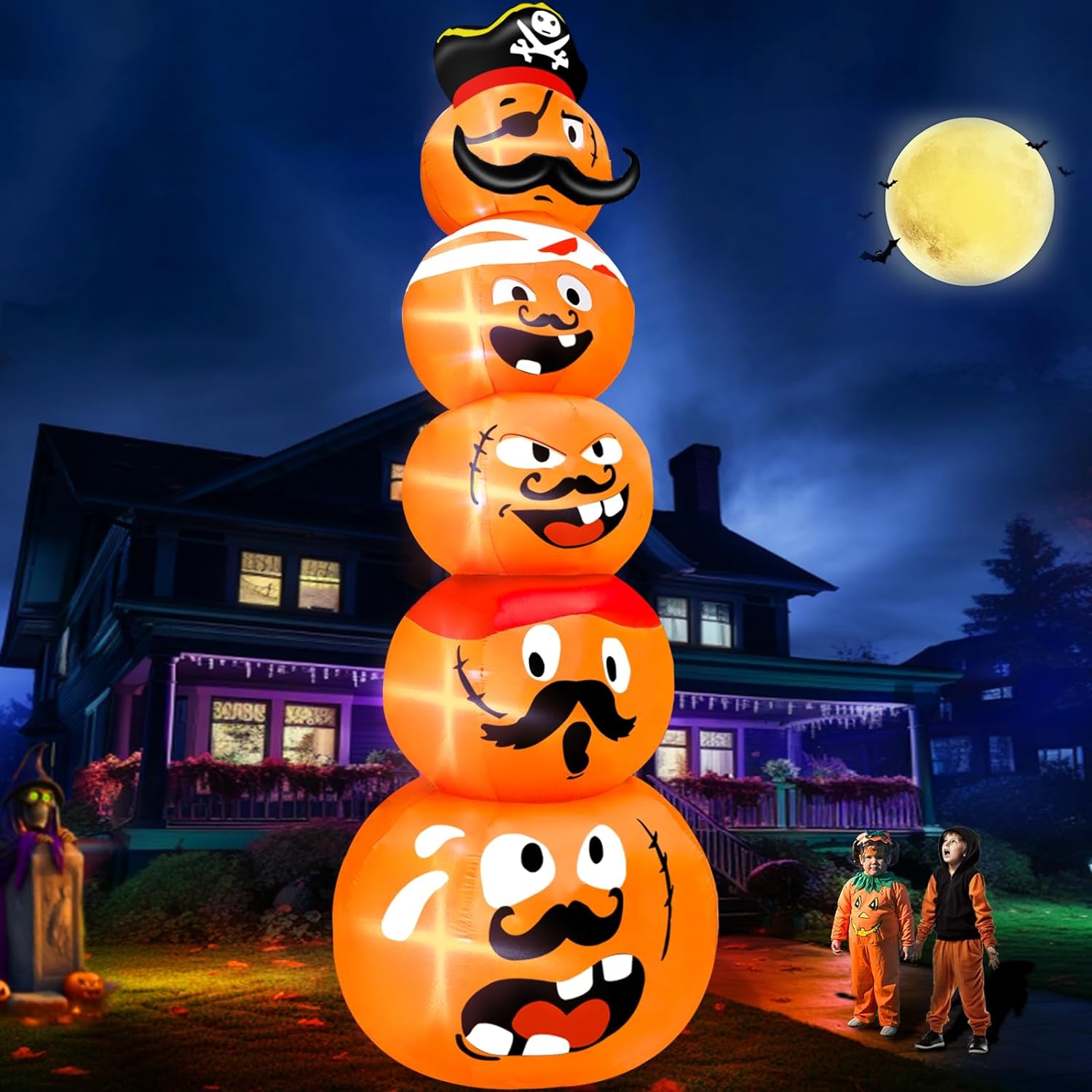 TURNMEON 14 Ft Giant Halloween Inflatables Pumpkin Outdoor Decorations 5 Pirate Pumpkin Stack Blow Up Build-in LED Light Large Halloween Outdoor Decor Inflatable for Yard Outside Home Garden Lawn