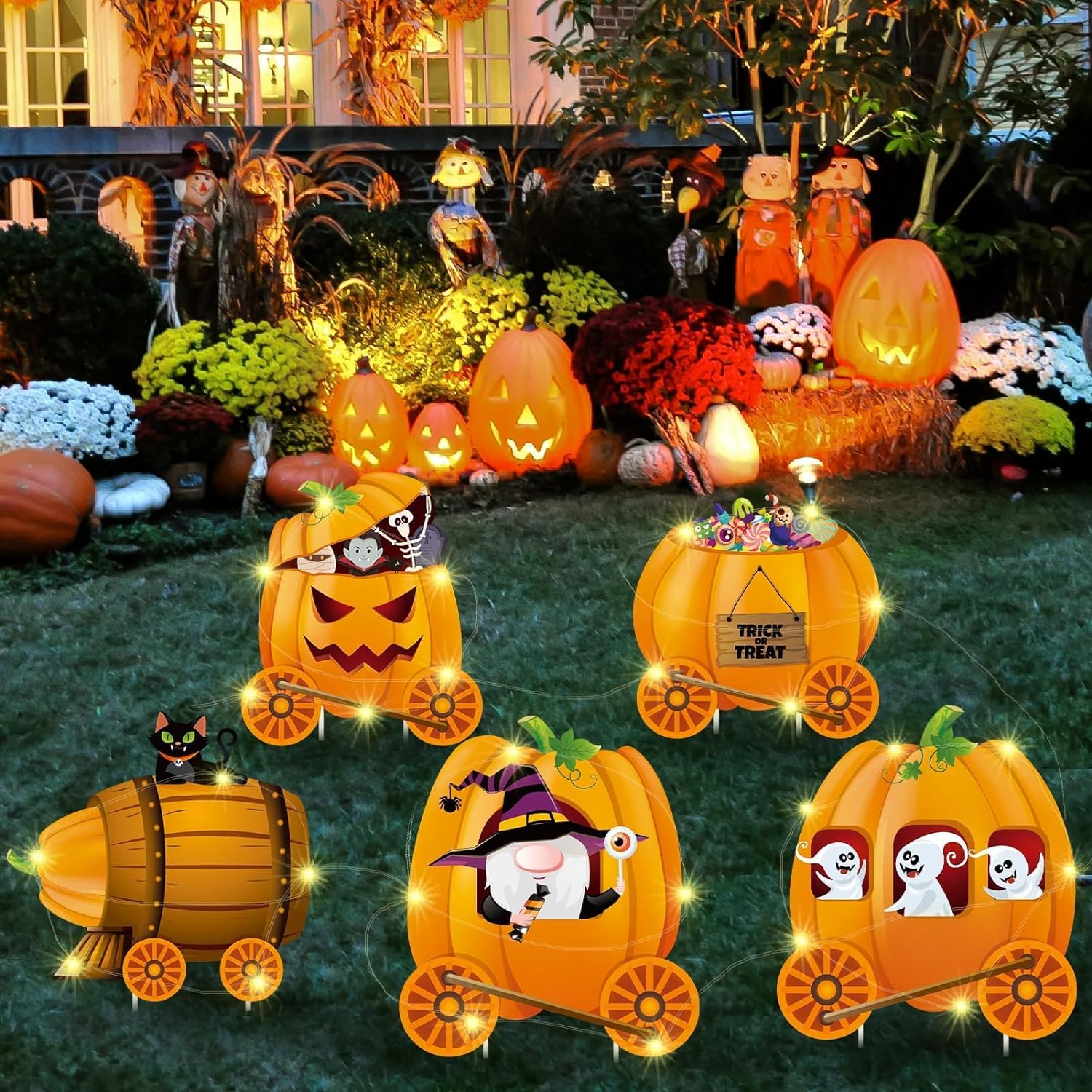 Halloween Fall Outdoor Decorations Yard Signs - 5pcs Outdoor Pumpkin Train Yard Signs with String Lights for Fall Thanksgiving Halloween Yard Garden Outdoor Decor