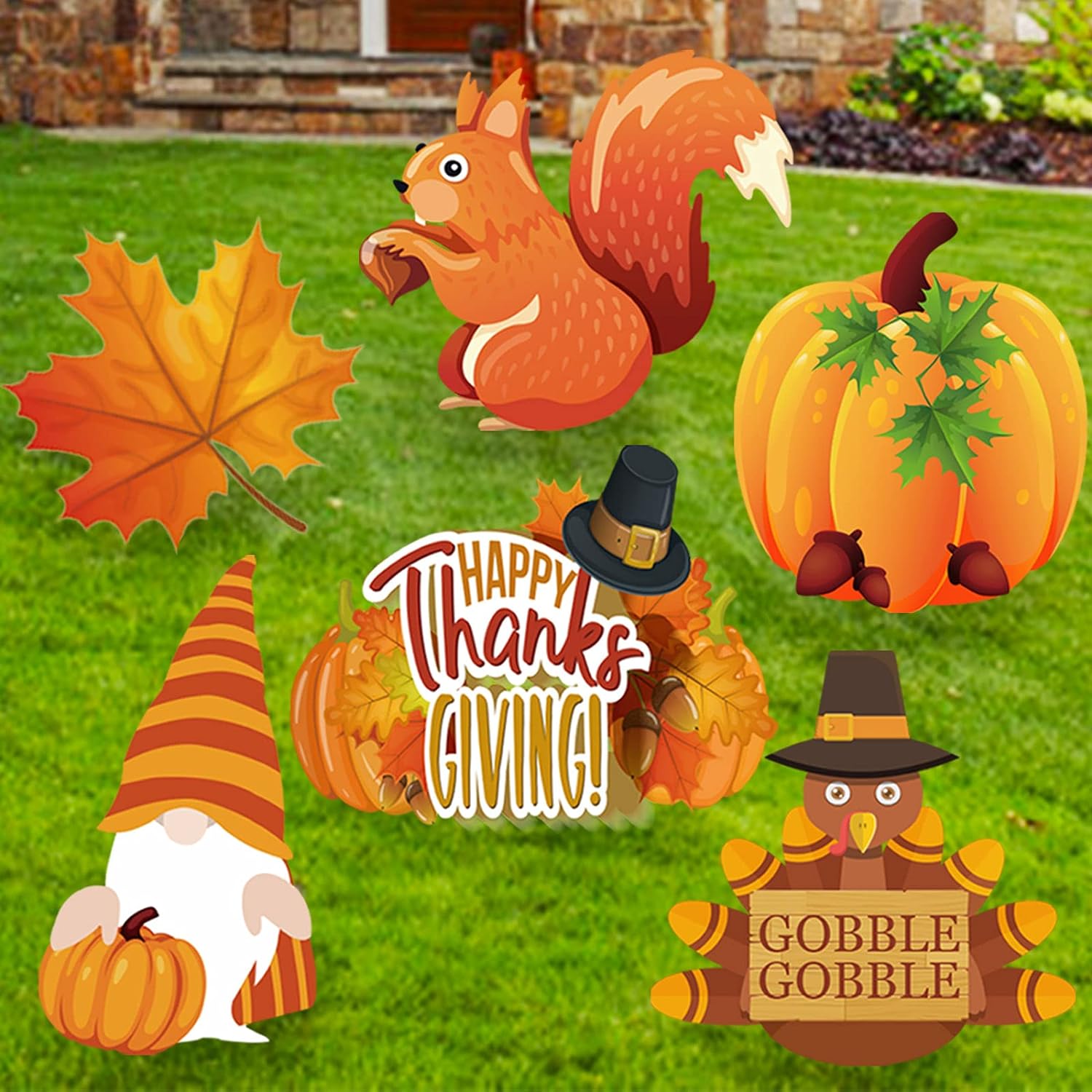 Thanksgiving Yard Signs Stakes Outdoor Decorations - 6PCS Fall Lawn Decorations Signs - Maple, Squirrel, Turkey, Gnome, Pumpkin Corrugated Yard Decorations for Fall Thanksgiving Decorations Outside