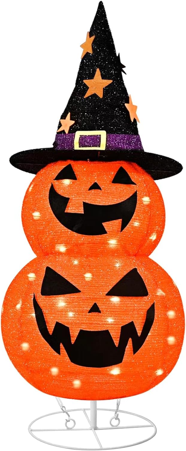 kemooie 2.6FT Pre-lit Halloween Pumpkin Decorations, Plug in 50 Orange LED Light Up Collapsible Pumpkin with Twinkle Star Hat, Pop Up Jack-o-Lantern for Indoor Outdoor Halloween Decor