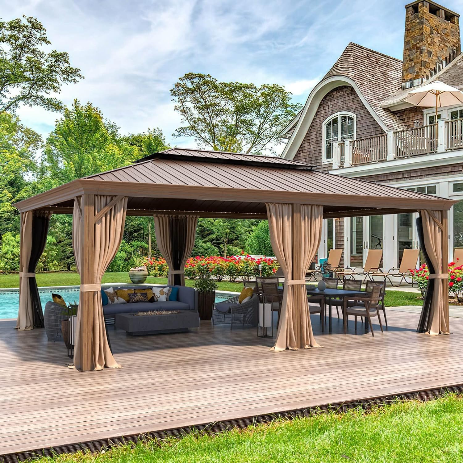 MELLCOM 14' x 20' Hardtop Gazebo, Wooden Finish Coated Aluminum Frame Gazebo with Galvanized Steel Double Roof, Brown Metal Gazebo with Curtains and Nettings for Patios, Gardens, Lawns