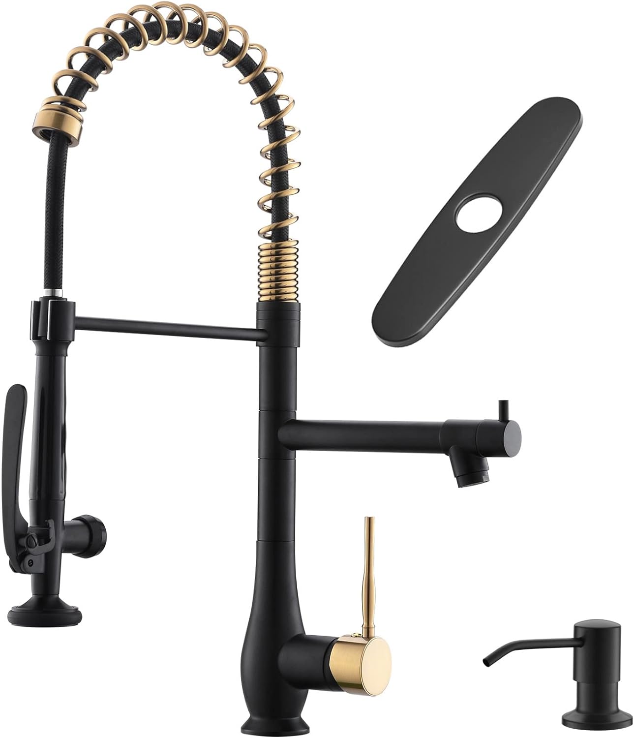 GIMILI Commercial Kitchen Faucet with Pull Down Sprayer, Double Headed Single Handle High Pressure Kitchen with Soap Dispenser Matte Black&Gold