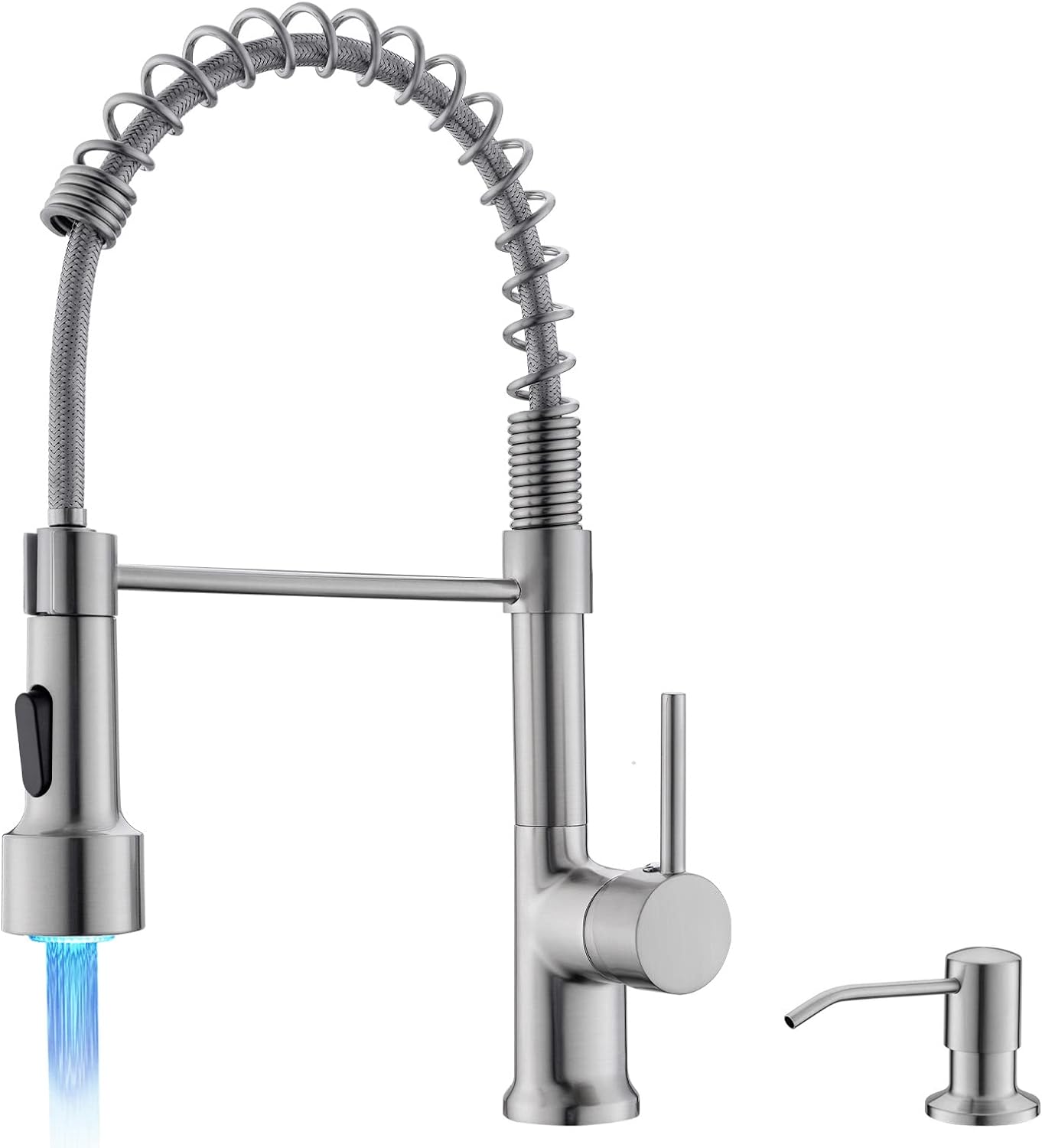 GIMILI LED Kitchen Faucet with Soap Dispenser, Modern Single Handle Spring Kitchen Sink Faucets with Pull Down Sprayer