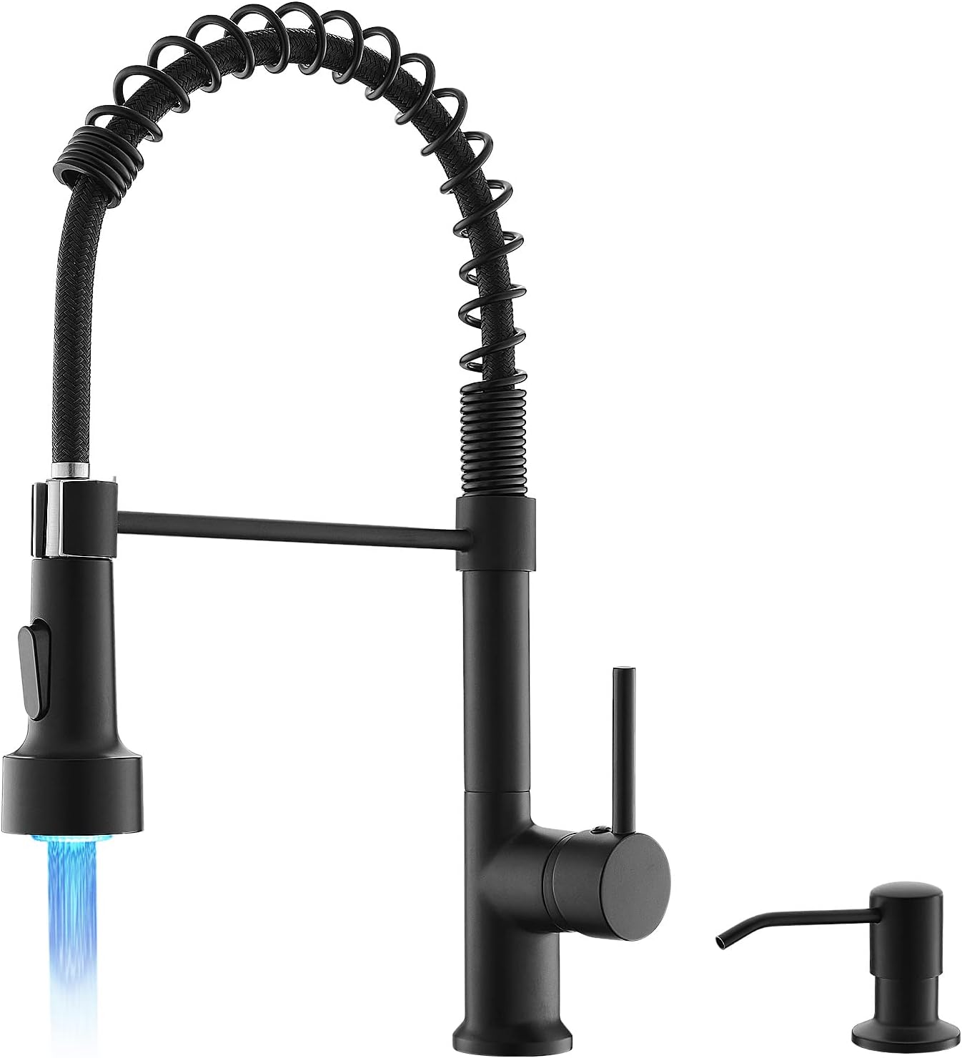 GIMILI Matte Black LED Kitchen Faucet with Soap Dispenser, Modern Single Handle Spring Kitchen Sink Faucets with Pull Down Sprayer