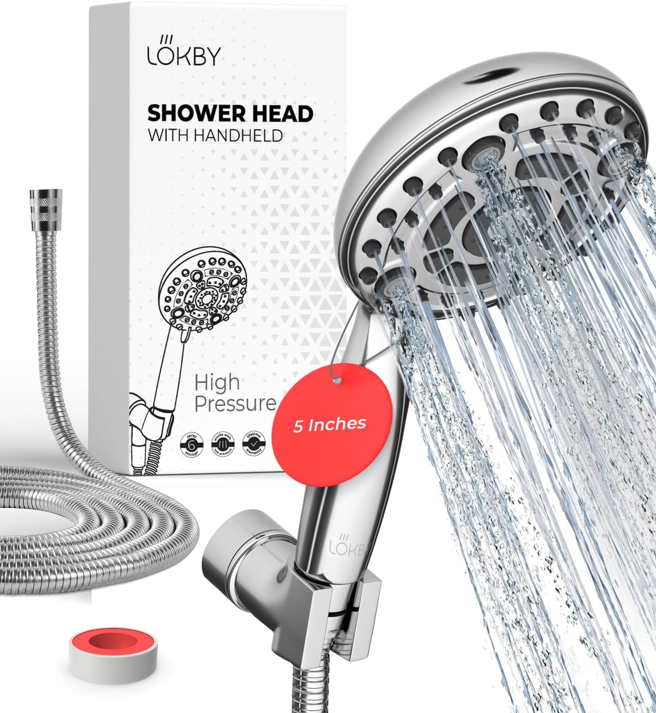 LOKBY - CSA US Tested & Certified - High Pressure Shower Head with Handheld - Water Saving Detachable Rain Shower Head Set - 6-Mode with Removable Hand Held and 59 Hose, 1-Min No Tool Install, Chrome