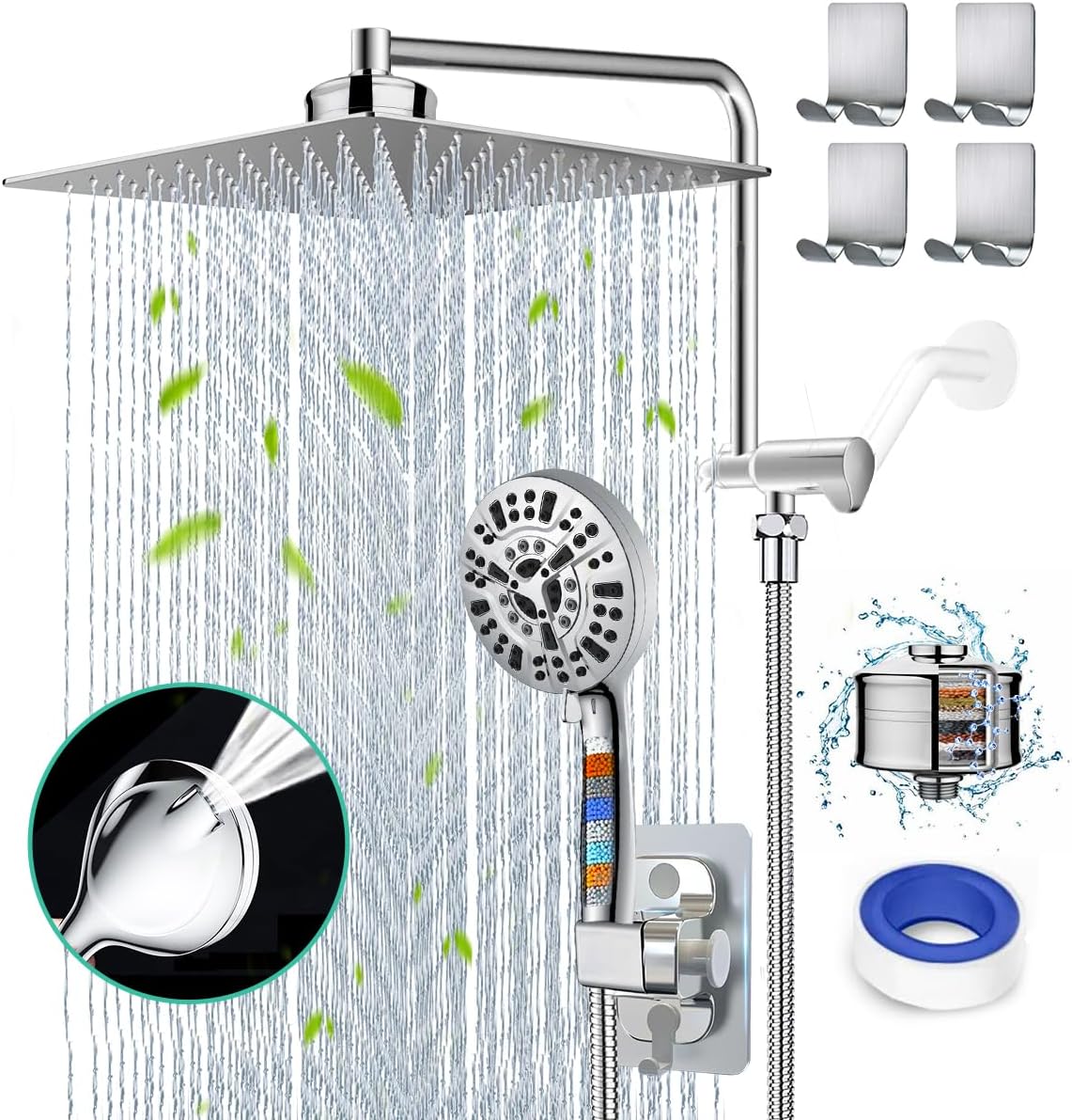 Filtered Shower Head 12 Rain Shower Heads with Handheld Spray Combo 10 Settings Built-in 2 Power Wash, Dual Filter for Hard Water Rainfall Showerhead +12 Shower Extension Arm, 79 Hose & 4 Hooks