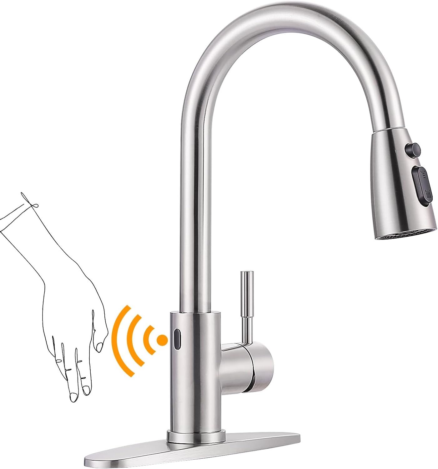 WOWOW Touchless Kitchen Faucet with Sprayer, Smart Motion Sensor Kitchen Sink Faucet, Stainless Steel Kitchen Faucet for Sink 1 or 3 Hole Brushed Nickel Single Handle Kitchen Tap