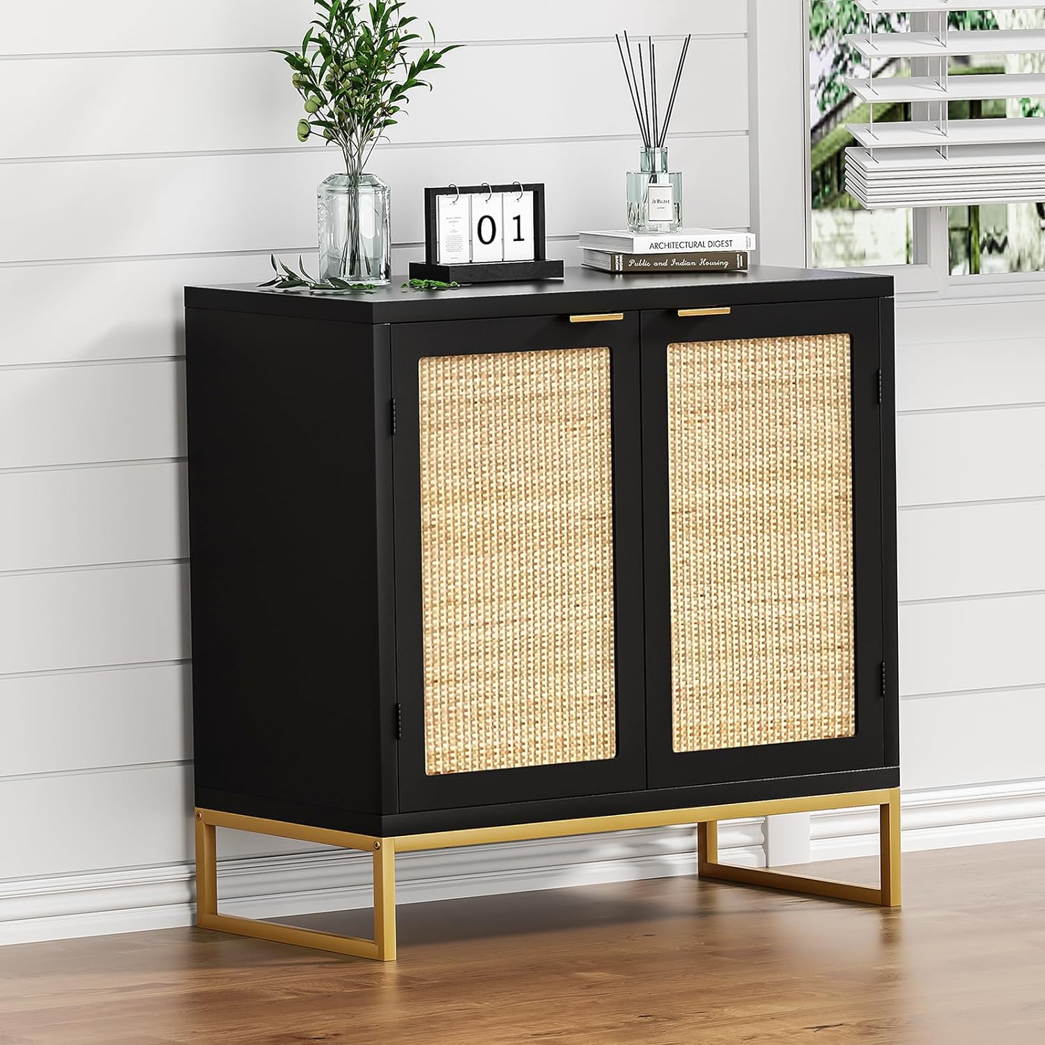 Anmytek Rattan Sideboard Buffet Kitchen Storage Cabinet with 2 Doors, Modern Black Accent Cabinet for Kitchen Black/Gold, H0046