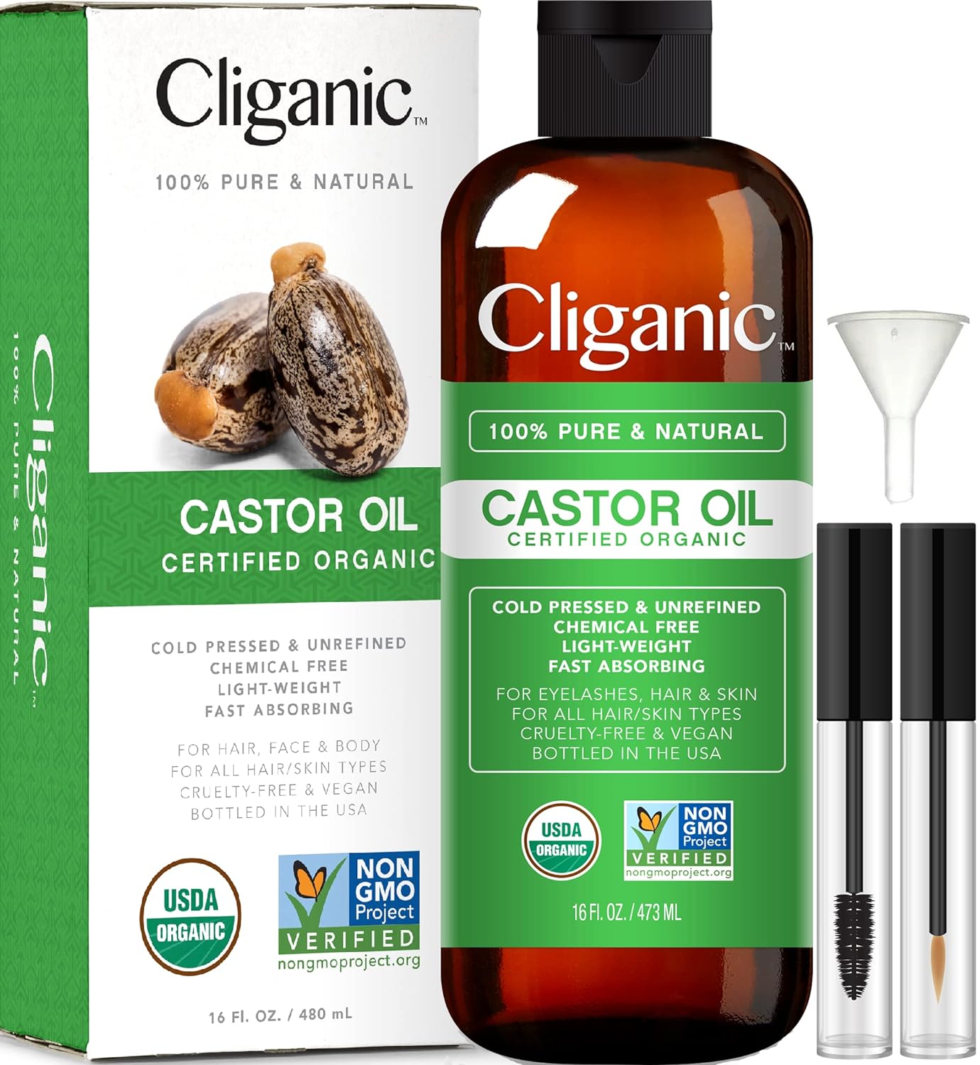 Cliganic USDA Organic Castor Oil, 100% Pure (16oz with Eyelash Kit) - For Eyelashes, Eyebrows, Hair & Skin | Bulk, Natural Cold Pressed Unrefined Hexane-Free | DIY Carrier Oil