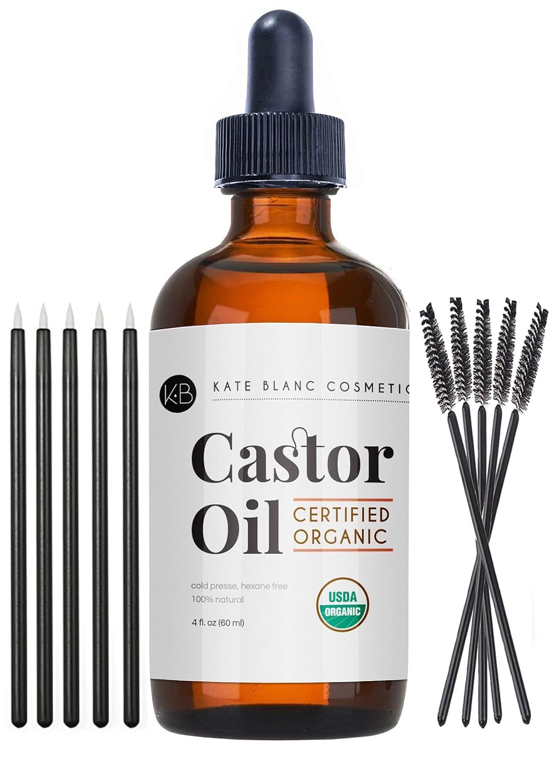 Organic Castor Oil (4oz), USDA Certified, 100% Pure, Cold Pressed, Hexane Free by Kate Blanc. Stimulate Growth for Eyelashes, Eyebrows, Hair. Skin Moisturizer & Oil Cleanse with Starter Kit