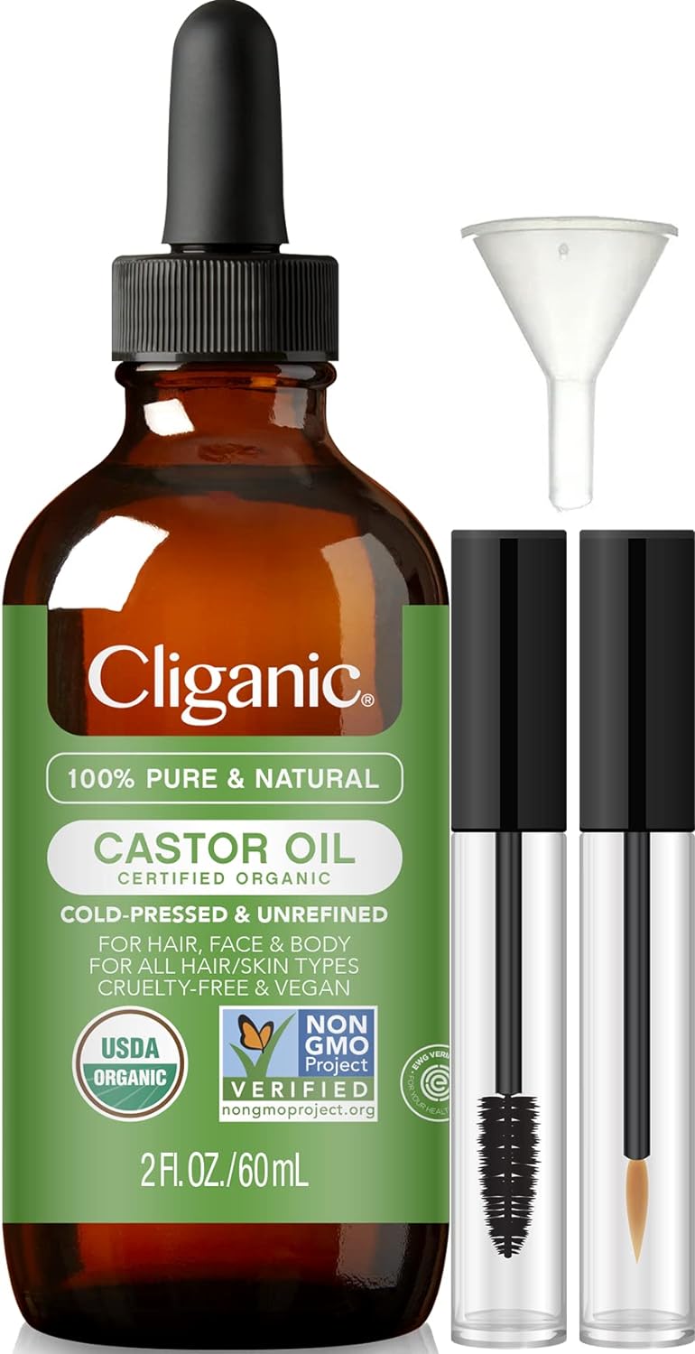 Cliganic Organic Castor Oil, 100% Pure (2oz with Eyelash Kit) - For Eyelashes, Eyebrows, Hair & Skin