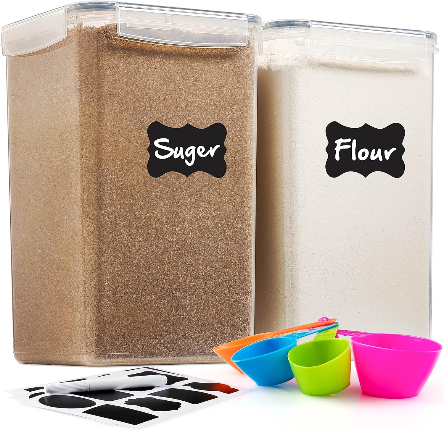 2 Pack Extra Large Airtight Food Storage Containers - 6.5L / 220 Oz BPA Free Clear Plastic Kitchen and Pantry Organization for Flour, Sugar, Rice & Baking Supply - Labels, Marker & Spoon Set