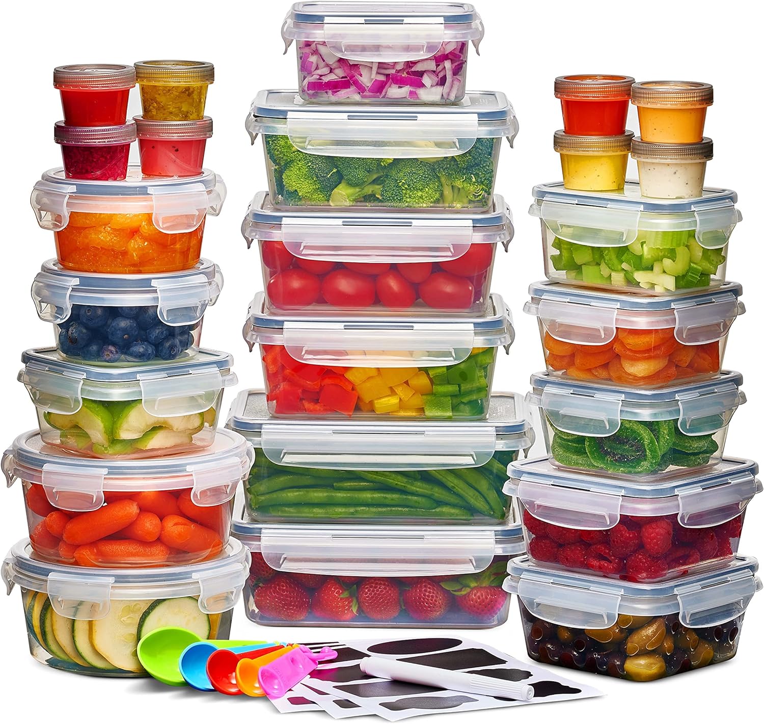 24 Pcs Airtight Food Storage Container Set - BPA Free Clear Plastic Kitchen and Pantry Organization Meal Prep Lunch Container with Durable Leak Proof Lids - Labels, Marker & Spoon Set