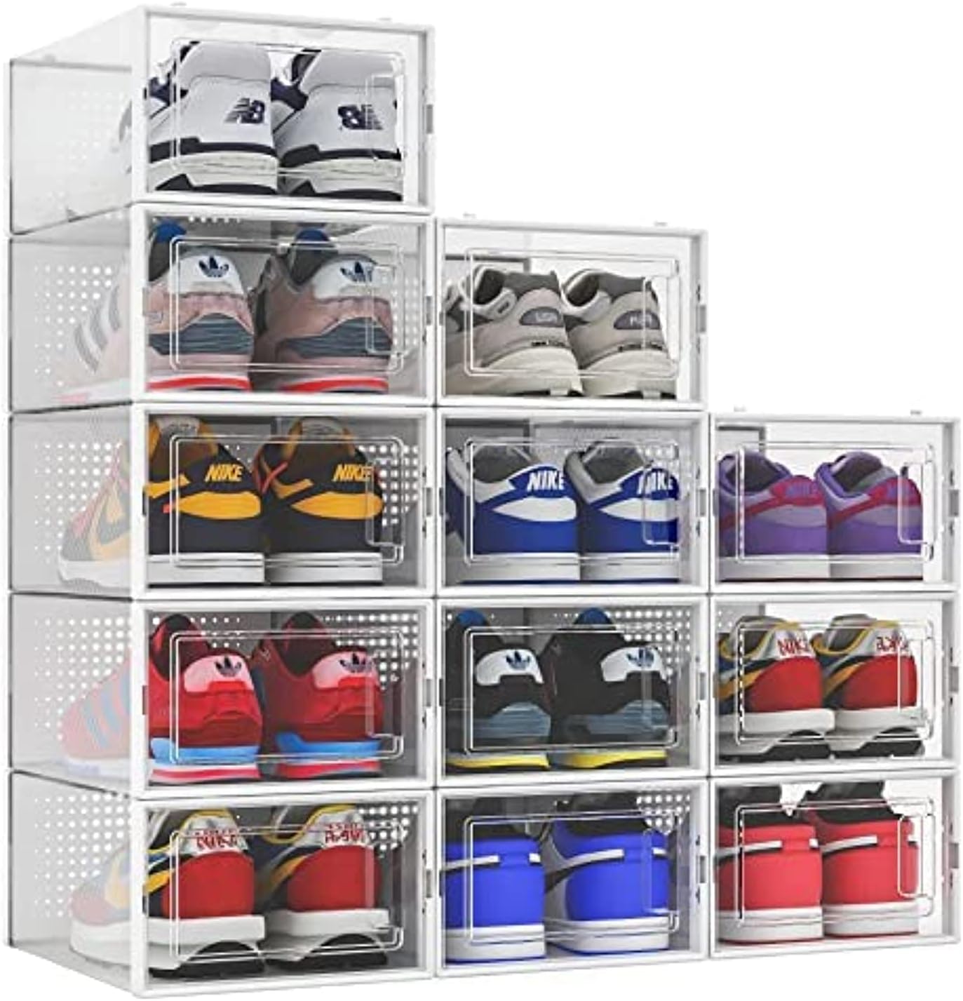 SESENO. 12 Pack Shoe Storage Boxes, Clear Plastic Stackable Shoe Organizer Bins, Drawer Type Front Opening Shoe Holder Containers