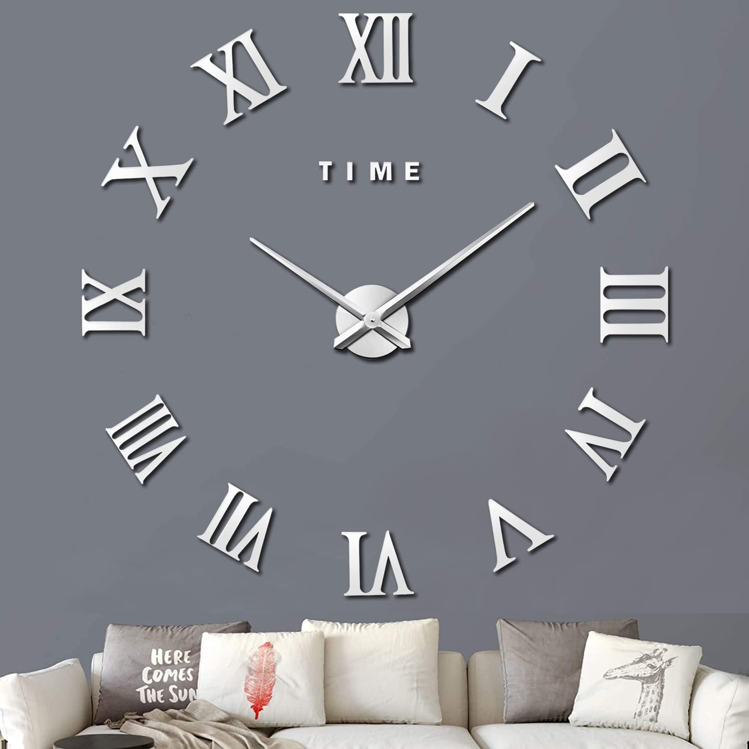 This clock is not only functional but also a stunning piece of decor for my home. The giant Roman numerals create a bold statement on my wall, and the frameless mirror design adds a modern touch that I adore.Setting it up was surprisingly easy; the DIY aspect was fun and allowed me to customize the layout to perfectly fit my space. The clock mechanism is quiet and keeps accurate time, which is a huge plus.The size is impressive and becomes a focal point in whichever room it' placed. The reflect