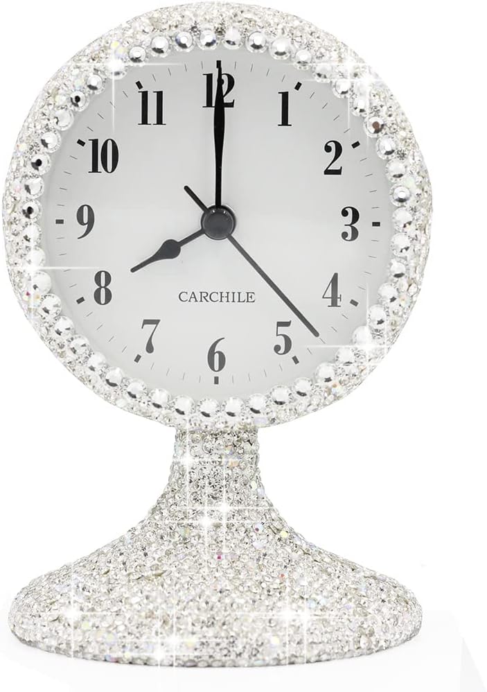 Luxury Rhinestone Alarm Clock Morning Call Super Silent Non Ticking Handmade Fashion Design for Bedroom Houseroom Living Room Desk Cute As Gift AR(Silver)