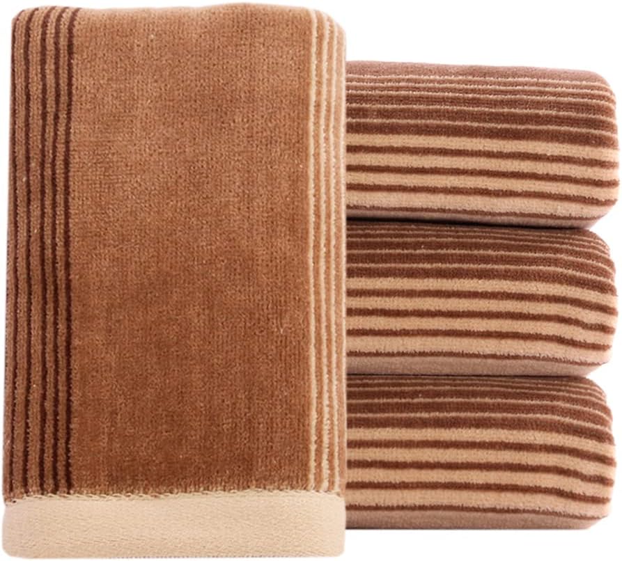 Pidada Hand Towels Set of 4 Striped Pattern 100% Cotton Soft Decorative Towel for Bathroom 13.8 x 29.5 Inch (Brown)