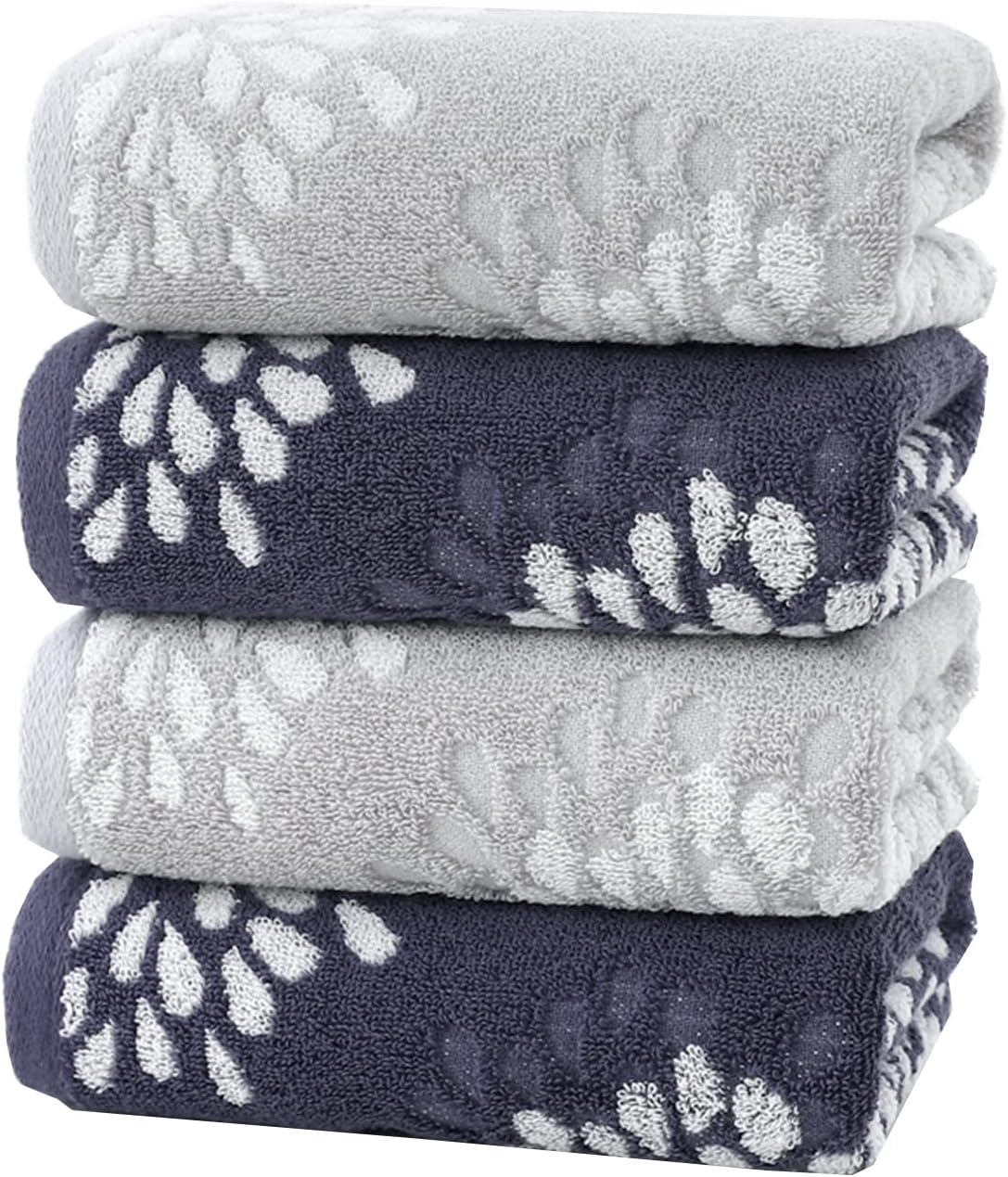 Pidada Hand Towels Set of 4 Hydrangea Floral Pattern 100% Cotton Absorbent Soft Decorative Towel for Bathroom (Light Grey & Denim Blue)