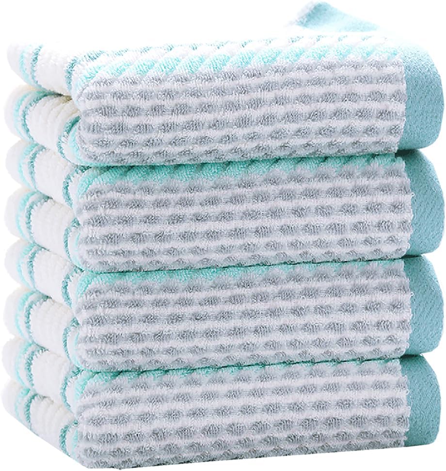 Pidada Hand Towels Set of 4 Striped Pattern 100% Cotton Soft Absorbent Decorative Towel for Bathroom 13.4 x 29.5 Inch (Green)