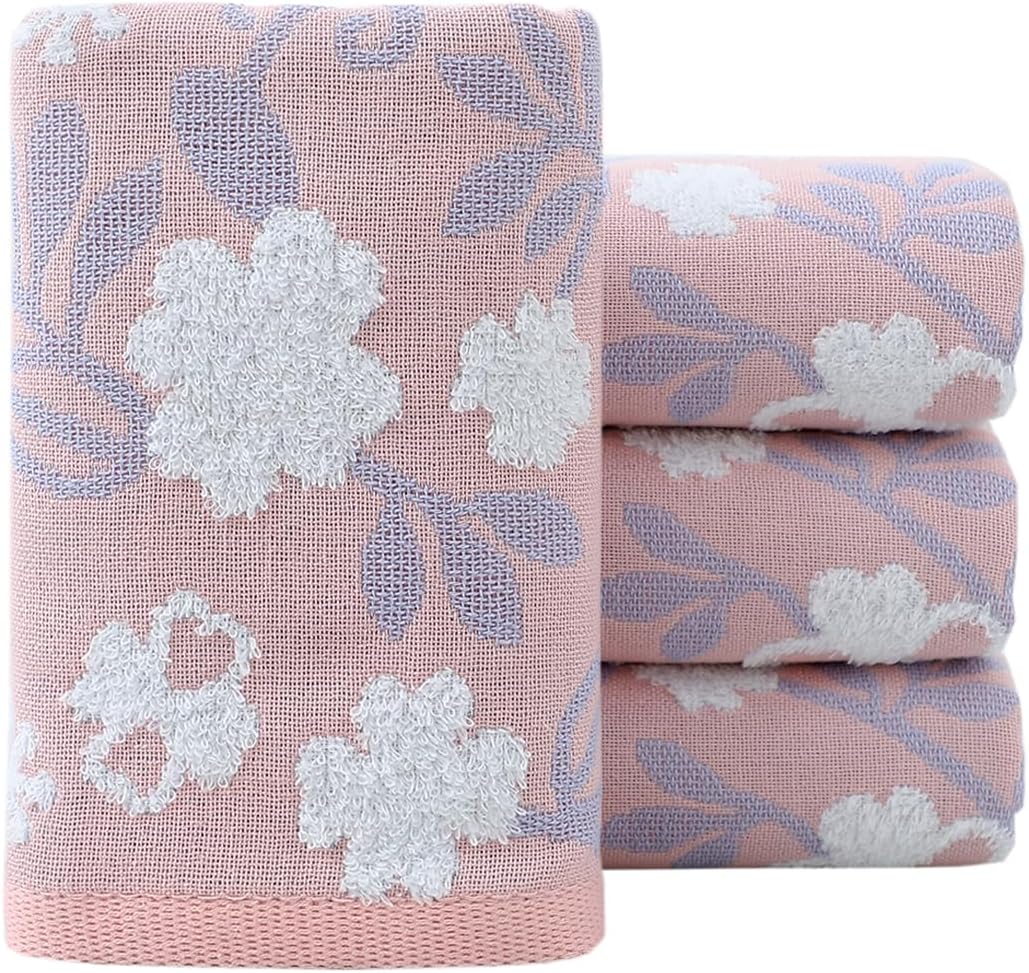 Pidada Hand Towels Set of 4 Floral Pattern 100% Cotton Absorbent Soft Decorative Towel for Bathroom (Pink)