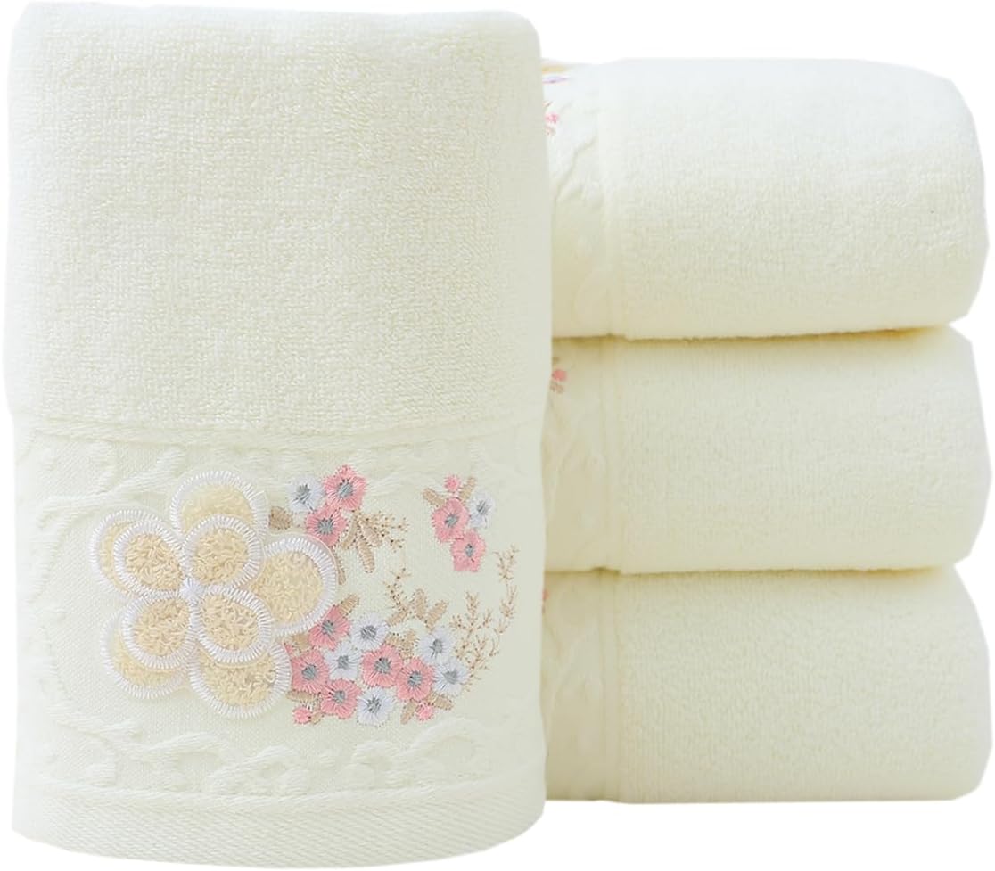 Pidada Hand Towels Set of 4 Embroidered Floral Pattern 100% Cotton Absorbent Soft Decorative Towel for Bathroom (Ivory)