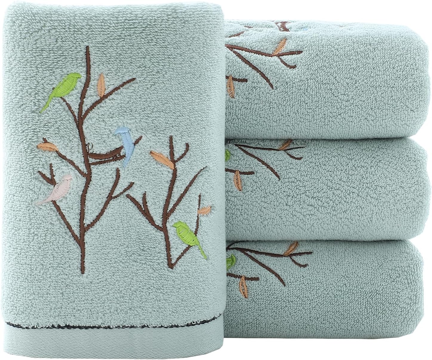 Pidada Hand Towels Set of 4 Embroidered Bird Tree Pattern 100% Cotton Absorbent Soft Decorative Towel for Bathroom 13.8 x 29.5 Inch (Aqua Green)