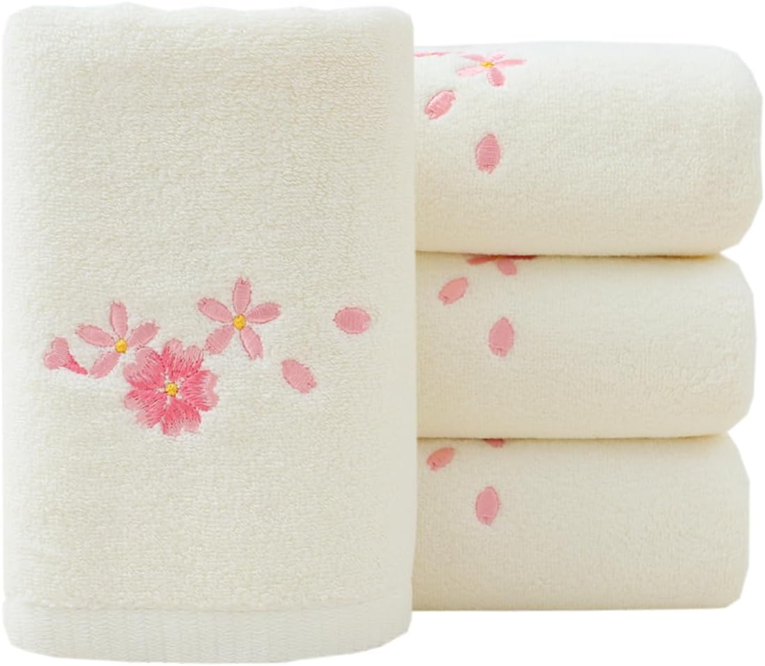 Pidada Hand Towels Set of 4 Floral Pattern 100% Cotton Absorbent Soft Decorative Towel for Bathroom (Ivory)