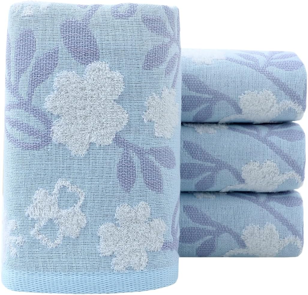 Pidada Hand Towels Set of 4 Floral Pattern 100% Cotton Absorbent Soft Decorative Towel for Bathroom (Blue)