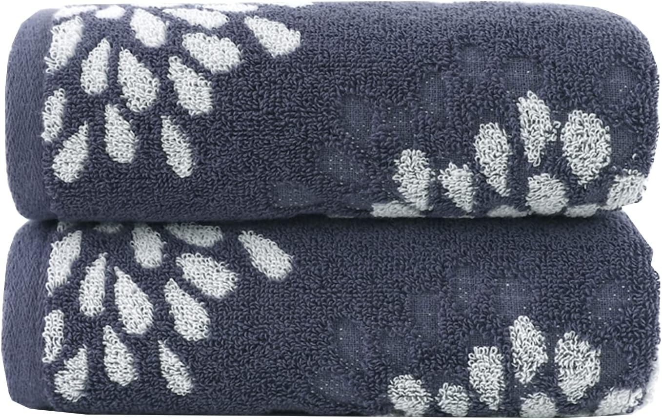 Pidada Hand Towels Set of 2 Hydrangea Floral Pattern 100% Cotton Absorbent Soft Decorative Towel for Bathroom (Denim Blue)