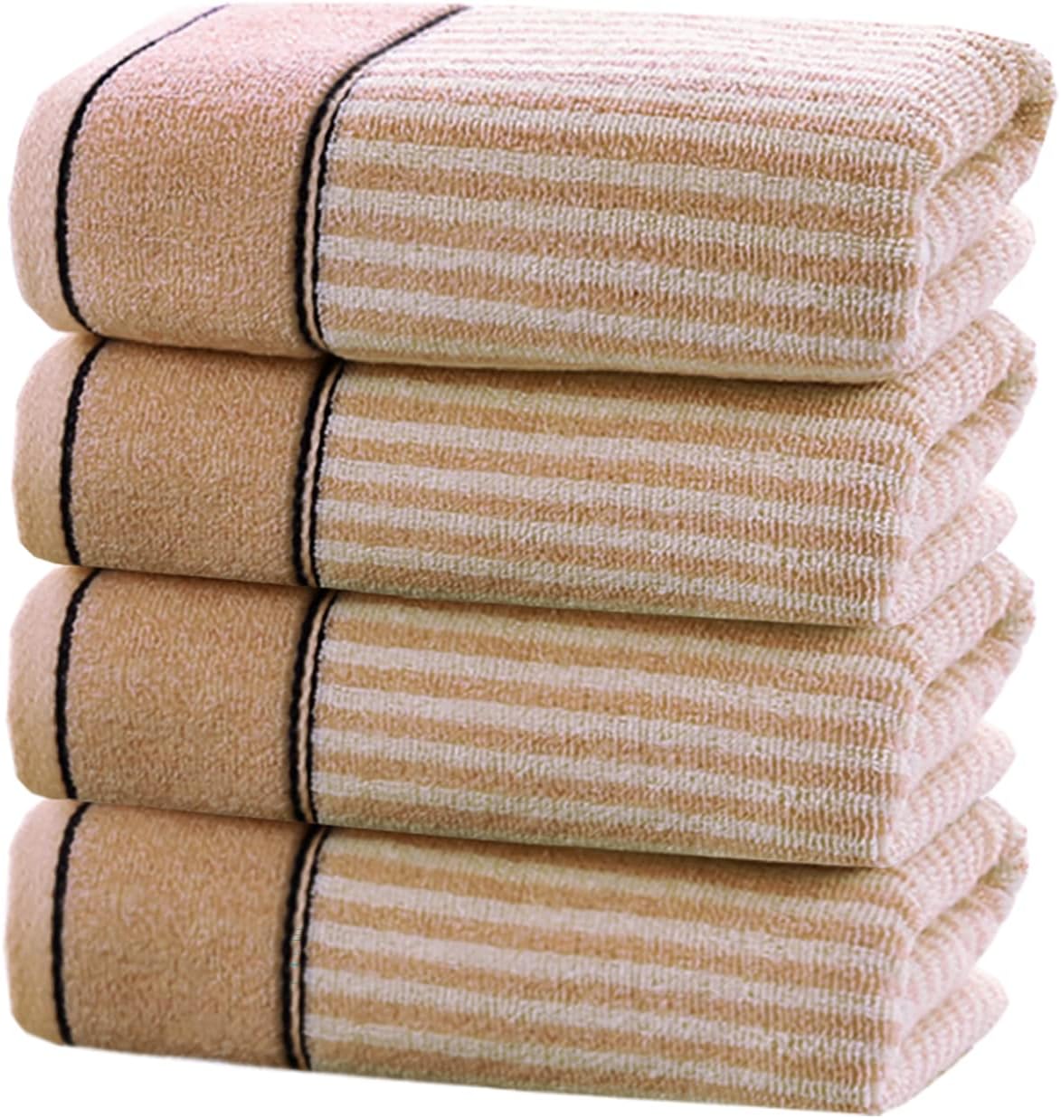 Pidada Hand Towels Set of 4 100% Cotton Striped Pattern Absorbent Soft Decorative Towel for Bathroom 13.4 x 29.1 Inch (Brown)