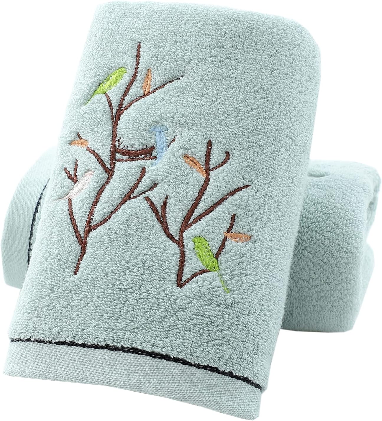 Pidada Hand Towels Set of 2 Embroidered Bird Tree Pattern 100% Cotton Absorbent Soft Decorative Towel for Bathroom 13.8 x 29.5 Inch (Aqua Green)