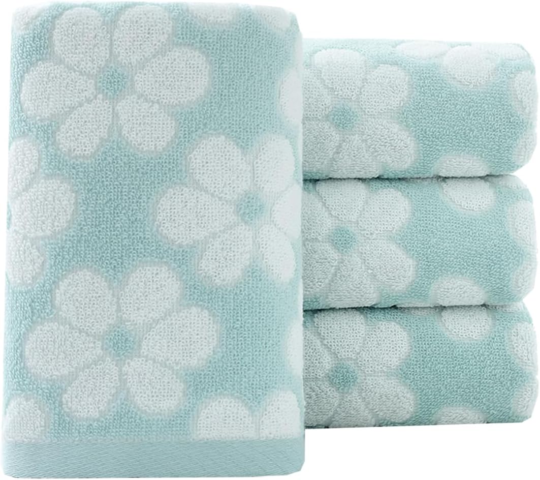 Pidada Hand Towels Set of 4 Floral Pattern 100% Cotton Soft Absorbent Decorative Towel for Bathroom (Green)