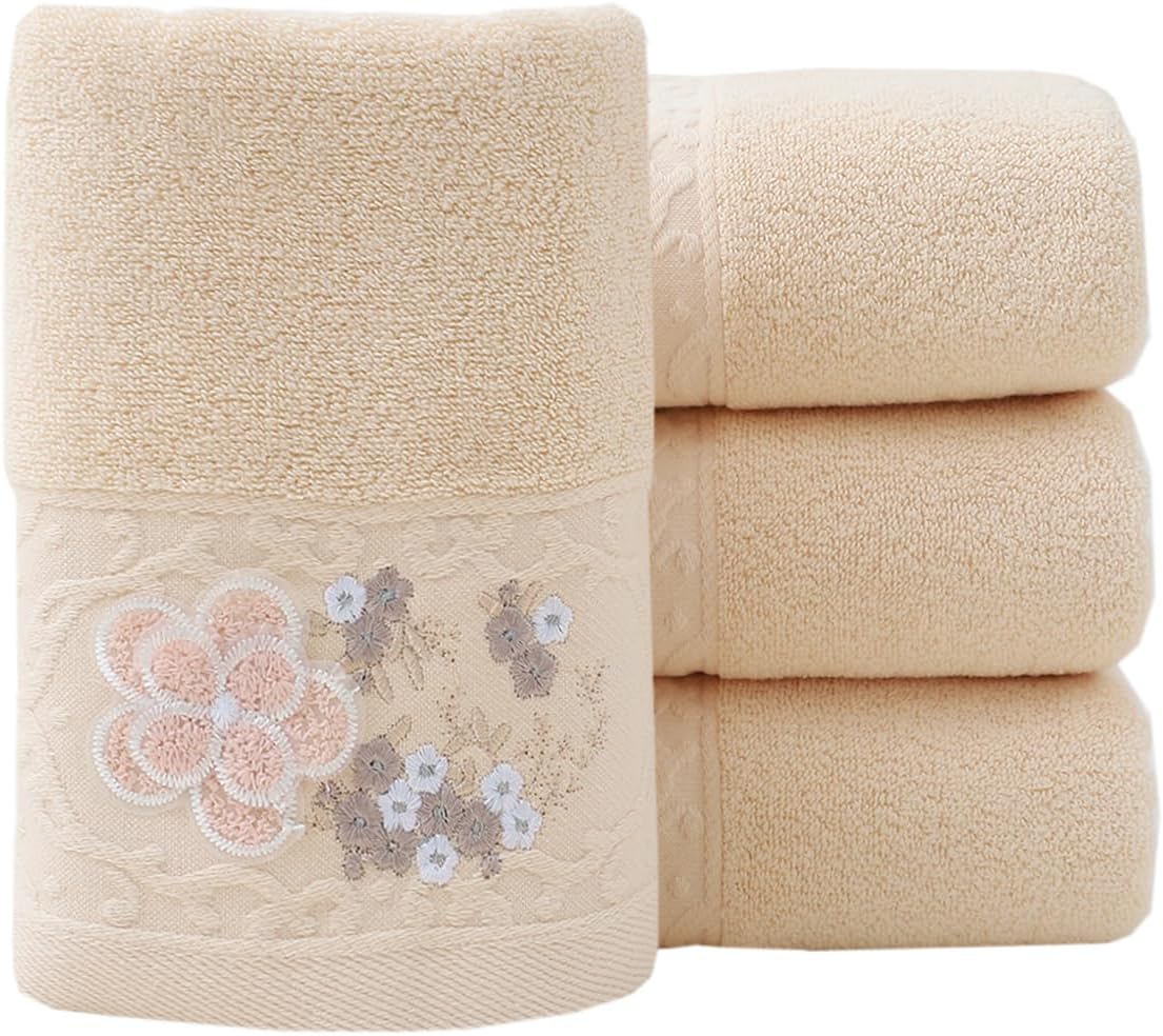 Pidada Hand Towels Set of 4 Embroidered Floral Pattern 100% Cotton Absorbent Soft Decorative Towel for Bathroom (Brown)