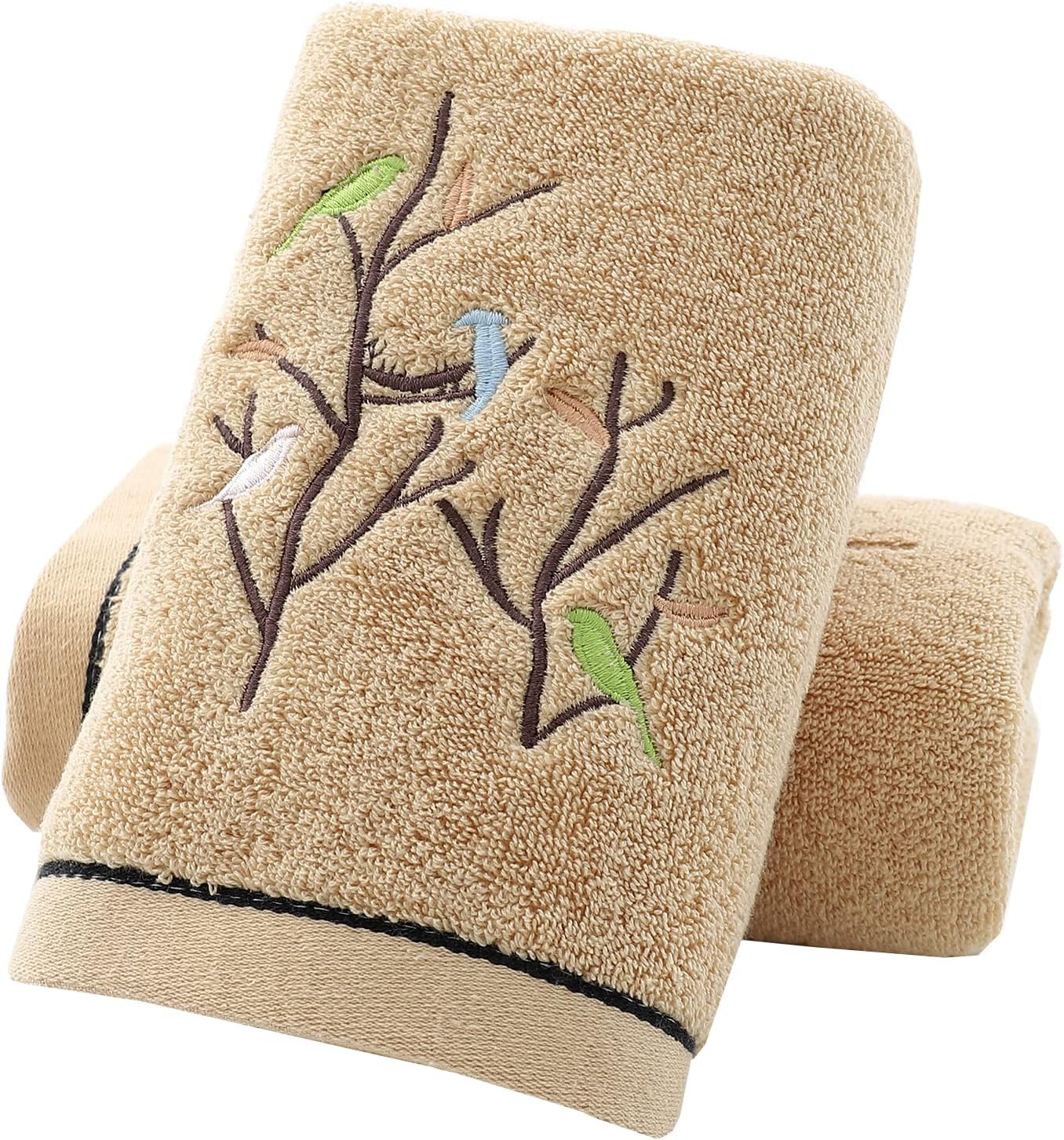 Pidada Hand Towels Set of 2 Embroidered Bird Tree Pattern 100% Cotton Absorbent Soft Decorative Towel for Bathroom 13.8 x 29.5 Inch (Brown)