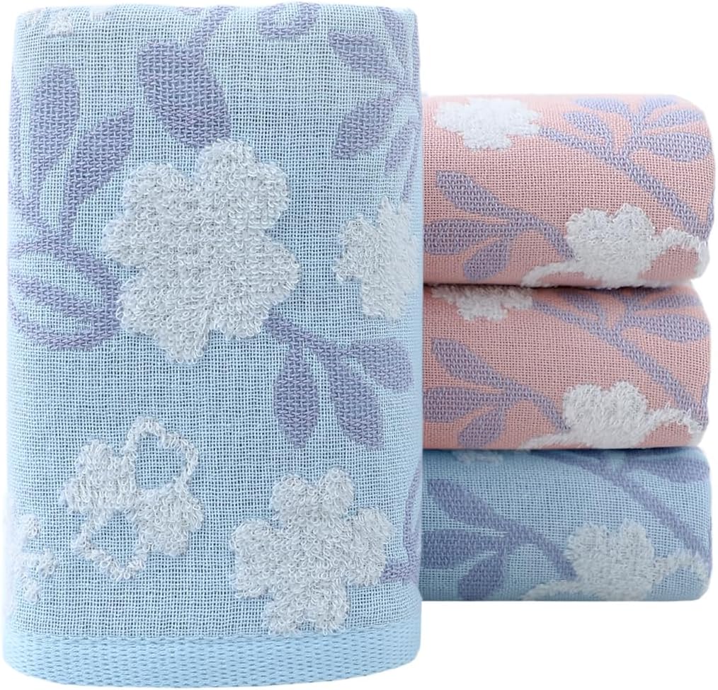 Pidada Hand Towels Set of 4 Floral Pattern 100% Cotton Absorbent Soft Decorative Towel for Bathroom (Pink & Blue)