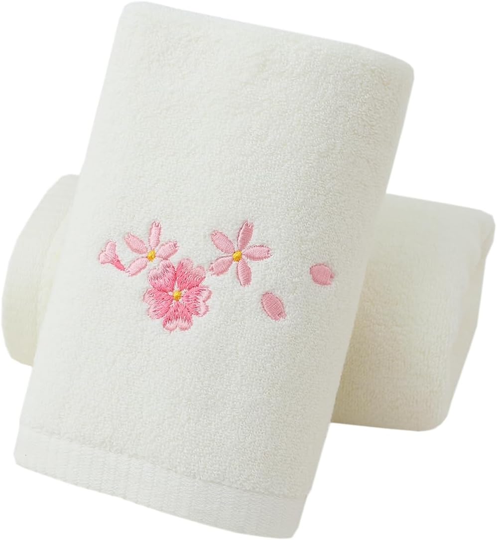 Pidada Hand Towels Set of 2 Floral Pattern 100% Cotton Absorbent Soft Decorative Towel for Bathroom (Ivory)