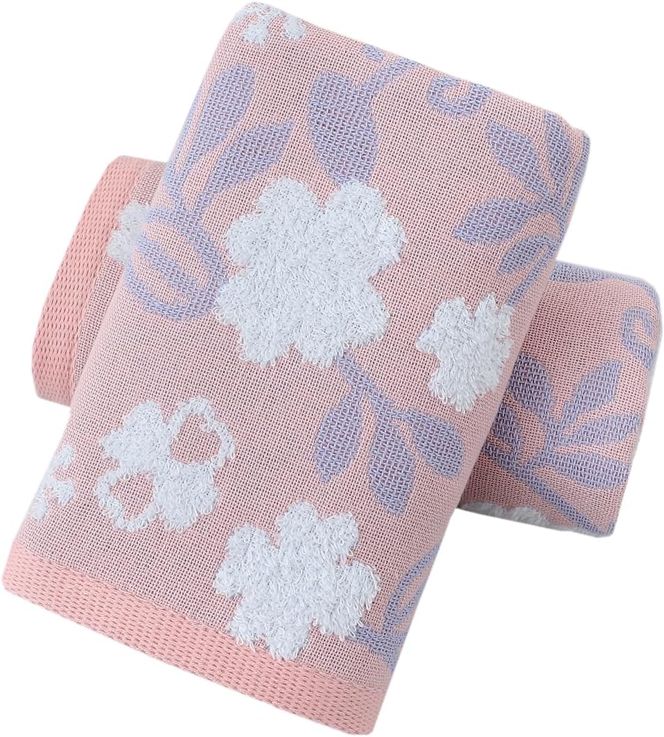 Pidada Hand Towels Set of 2 Floral Pattern 100% Cotton Absorbent Soft Decorative Towel for Bathroom (Pink)