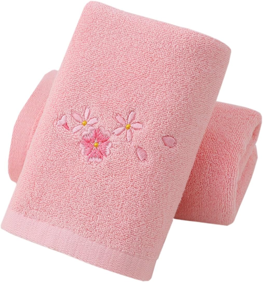 Pidada Hand Towels Set of 2 Floral Pattern 100% Cotton Absorbent Soft Decorative Towel for Bathroom (Pink)