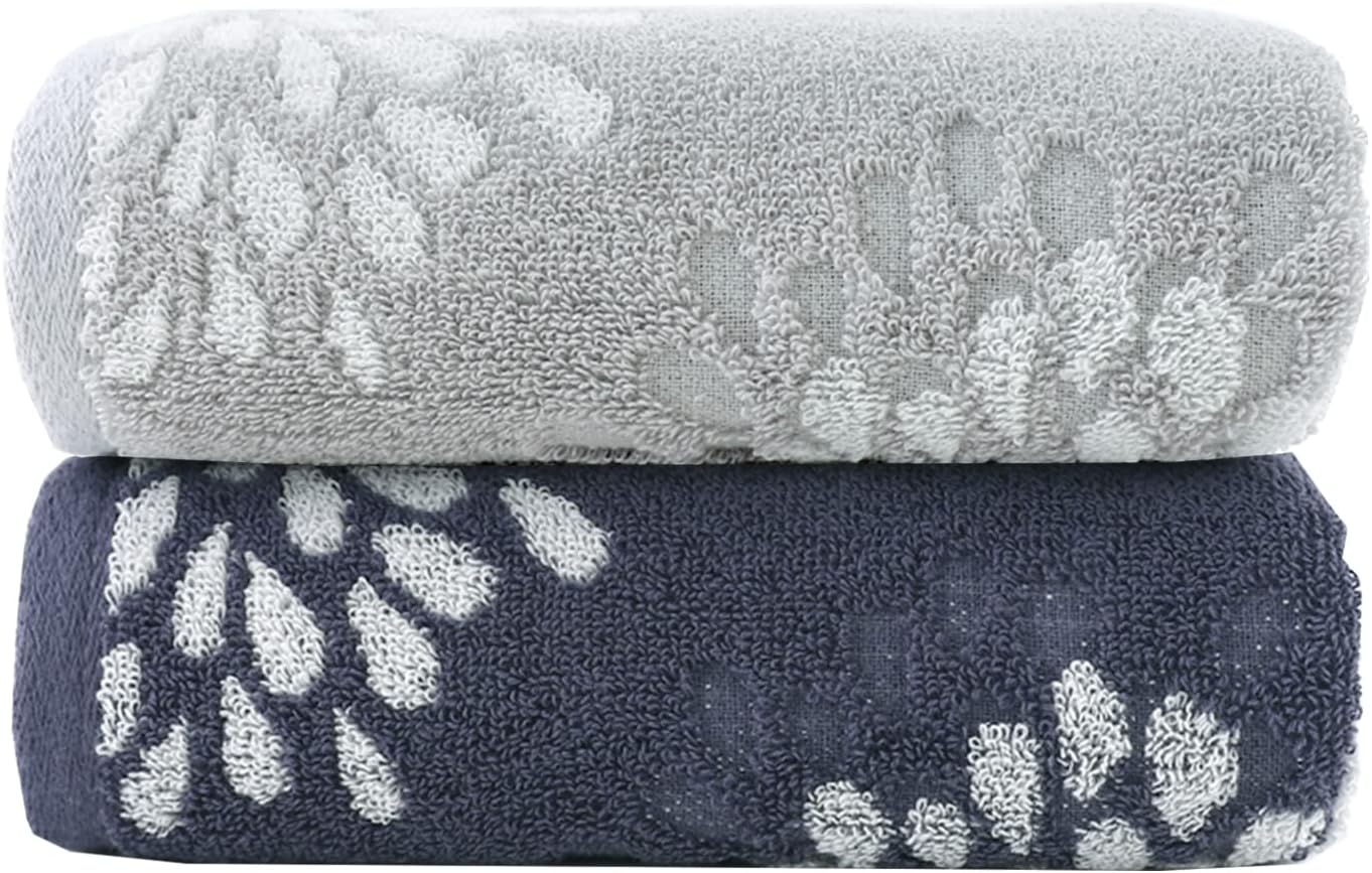 Pidada Hand Towels Set of 2 Hydrangea Floral Pattern 100% Cotton Absorbent Soft Decorative Towel for Bathroom (Light Grey & Denim Blue)