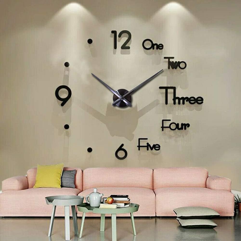 Large 3D Frameless Wall Clock Stickers DIY Wall Decoration for Living Room Bedroom Office (Black)