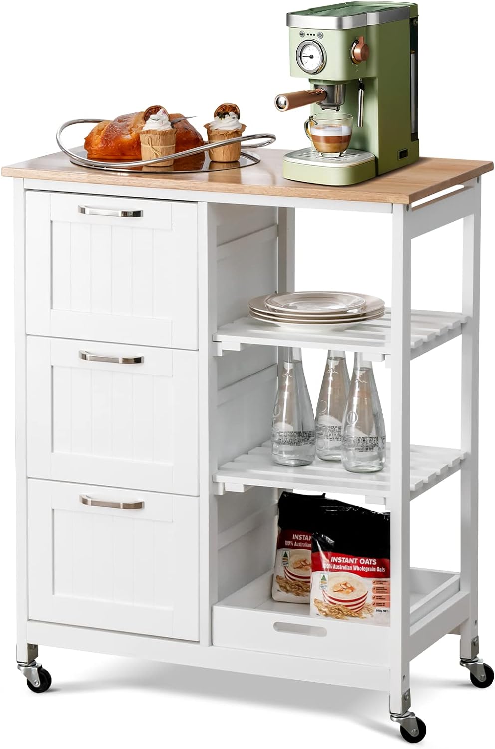 LOKO Kitchen Island Cart with Wheels, Compact Rolling Kitchen Cart with Three Large Drawers, Removable Tray and Two Slats Shelves, Ideal for Small Places, 26.5 x 14.5 x 33 inches (White)