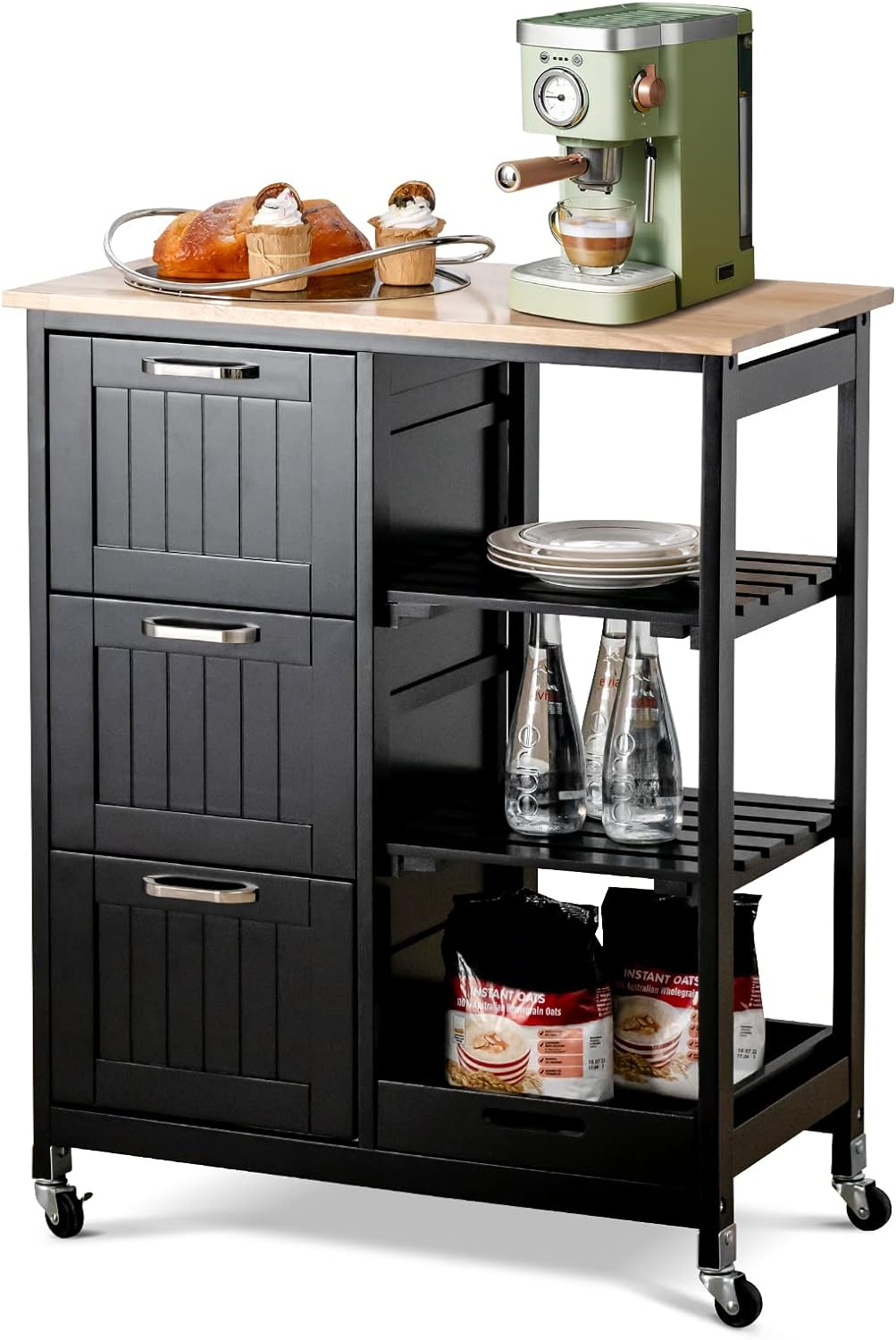 LOKO Kitchen Island Cart with Wheels, Compact Rolling Kitchen Cart with Three Large Drawers, Removable Tray and Two Slats Shelves, Ideal for Small Places, 26.5 x 14.5 x 33 inches (Black)